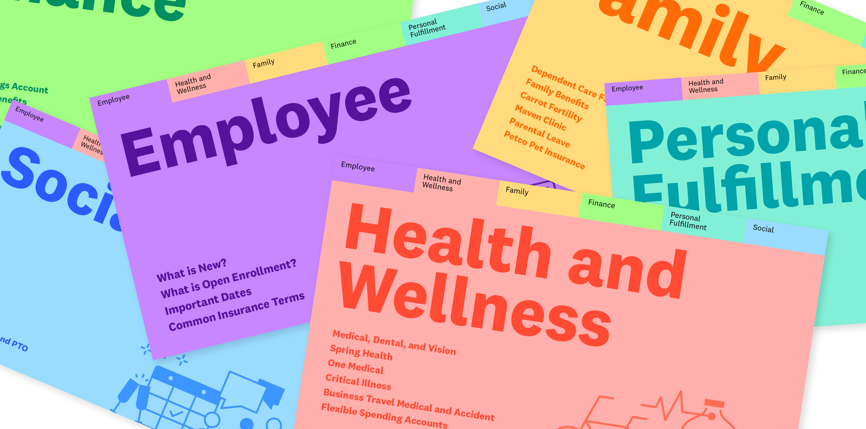 Illustration of colorful files detailing employee benefits layered on a white background.