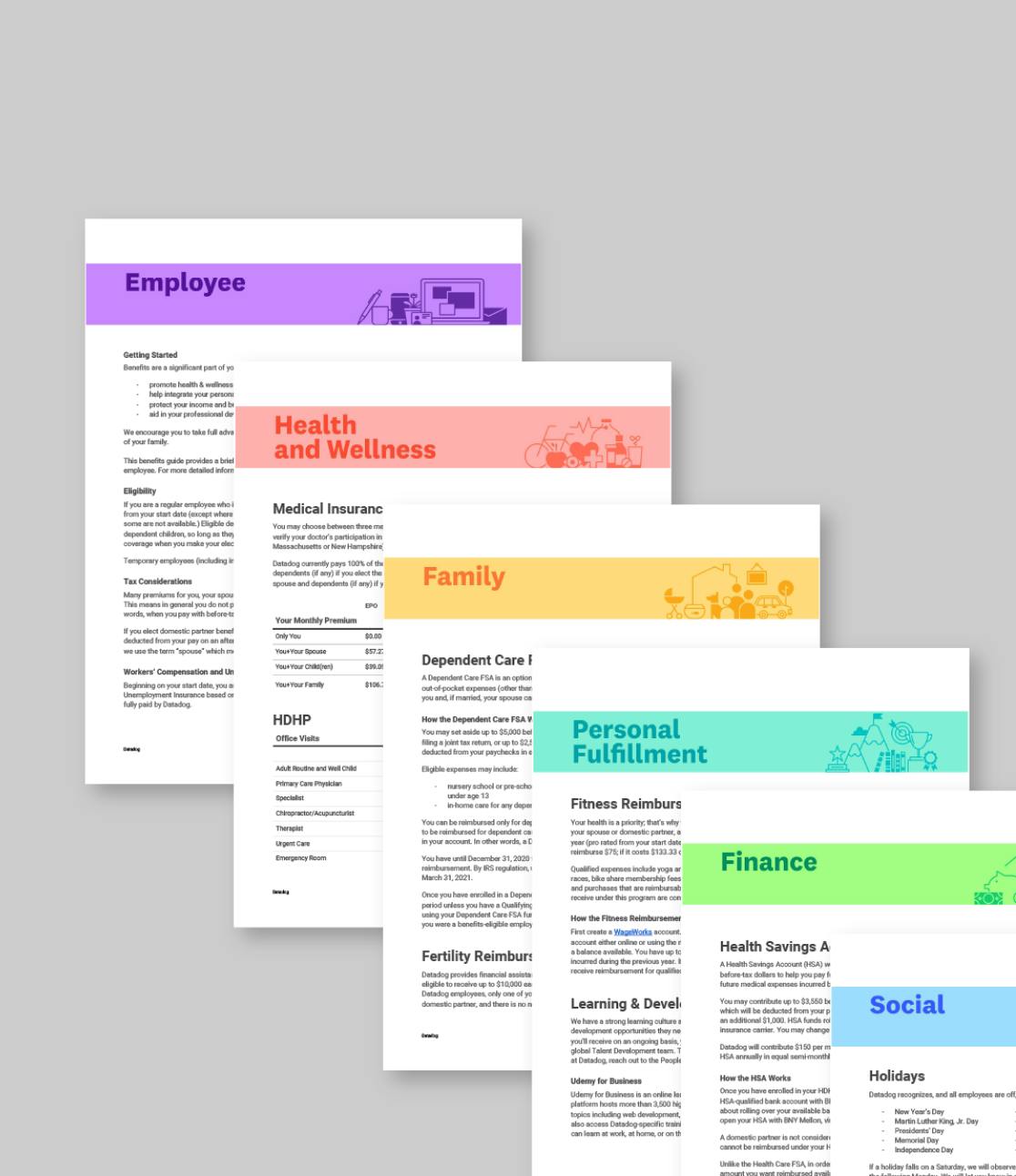 Datadog Benefit Guideleines, detailing the benefits and programs offered by Datadog are layered diaganolly from top left to bottom right on a light gray background. Information is presented in black text on a white background and a banner consistent with the category of benefit is included across the top of each page.
