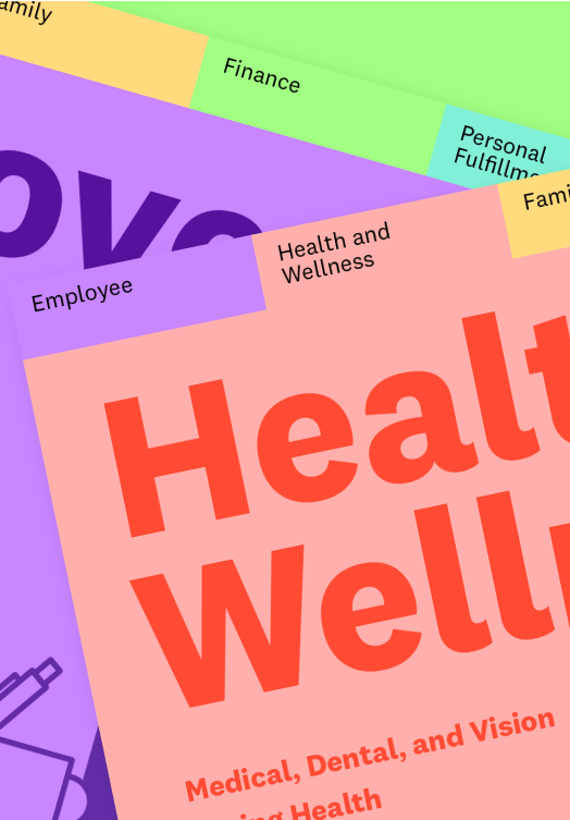 Illustration of colorful files detailing employee benefits.