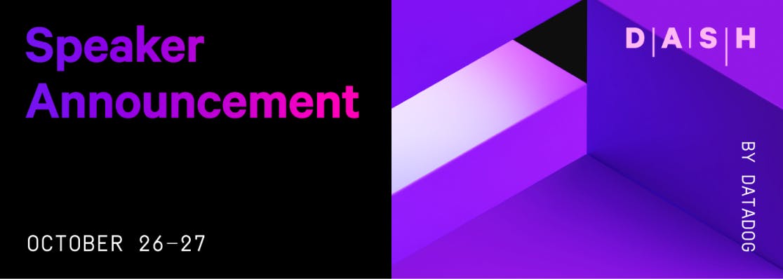 A vertically split image with 'Speaker Announcement' in bold, purple to magenta gradient text on a black background on the left side. On the right side a purple monochromatic background is comprised of digital renderings of cuboids.