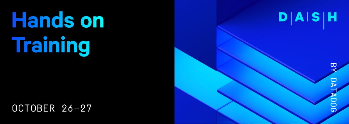 A vertically split image with 'Hands on Training' in bold, blue to aqua gradient text on a black background on the left side. On the right side a blue monochromatic background is comprised of digital renderings of sqares.