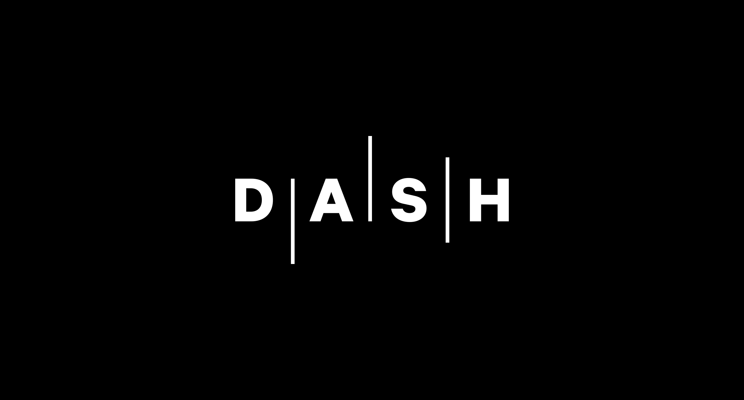 'DASH' in large bold letters, seperated by animated vertical bars(white), shifting up, center, and down at a set internal. The vertical bars, though they are shifting up and down, remain staggered from one another. Lettering and animated shapes are centered on a black background.