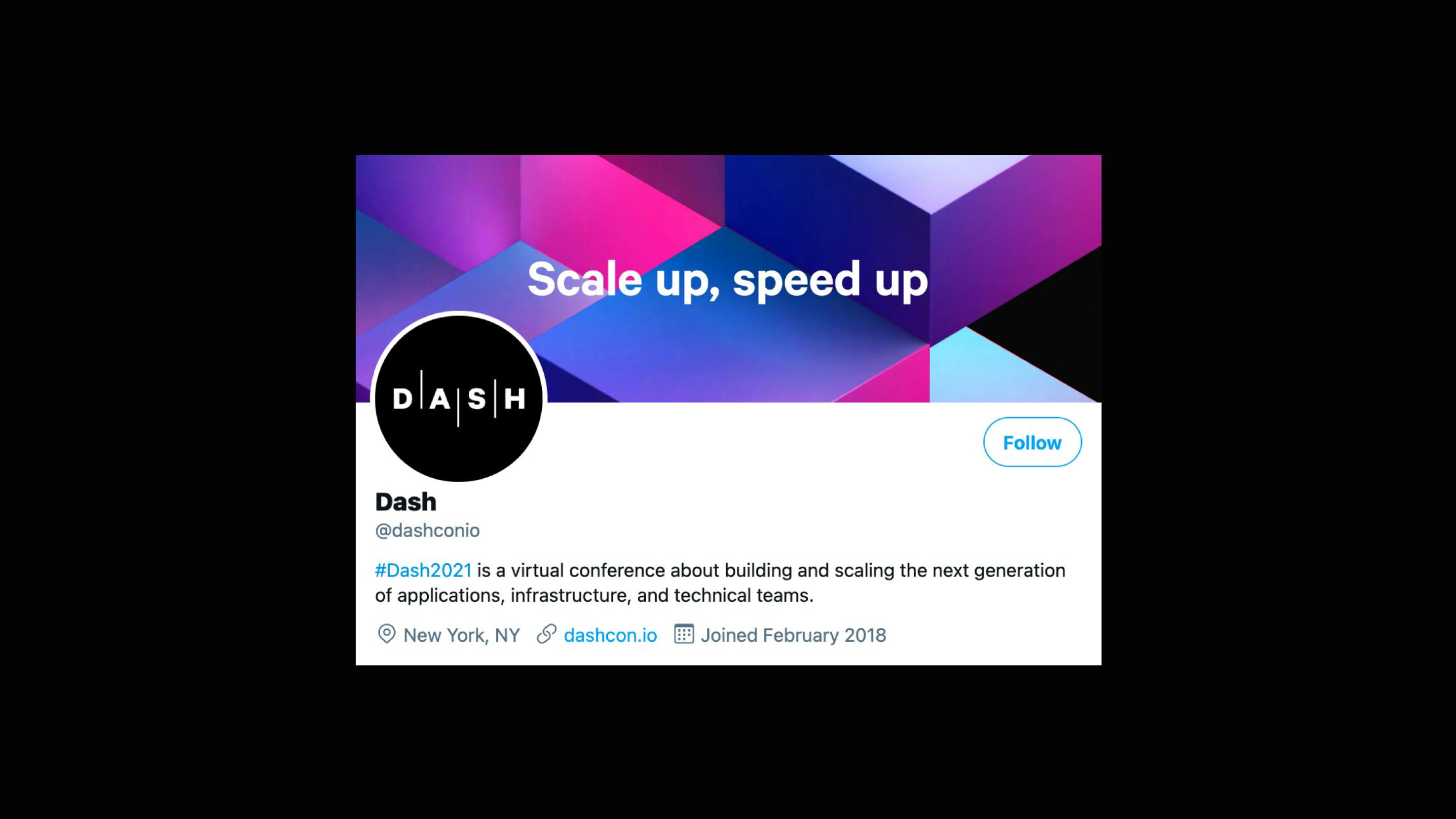 A screencapture of the @dashconio twitter profile, centered on a black background.