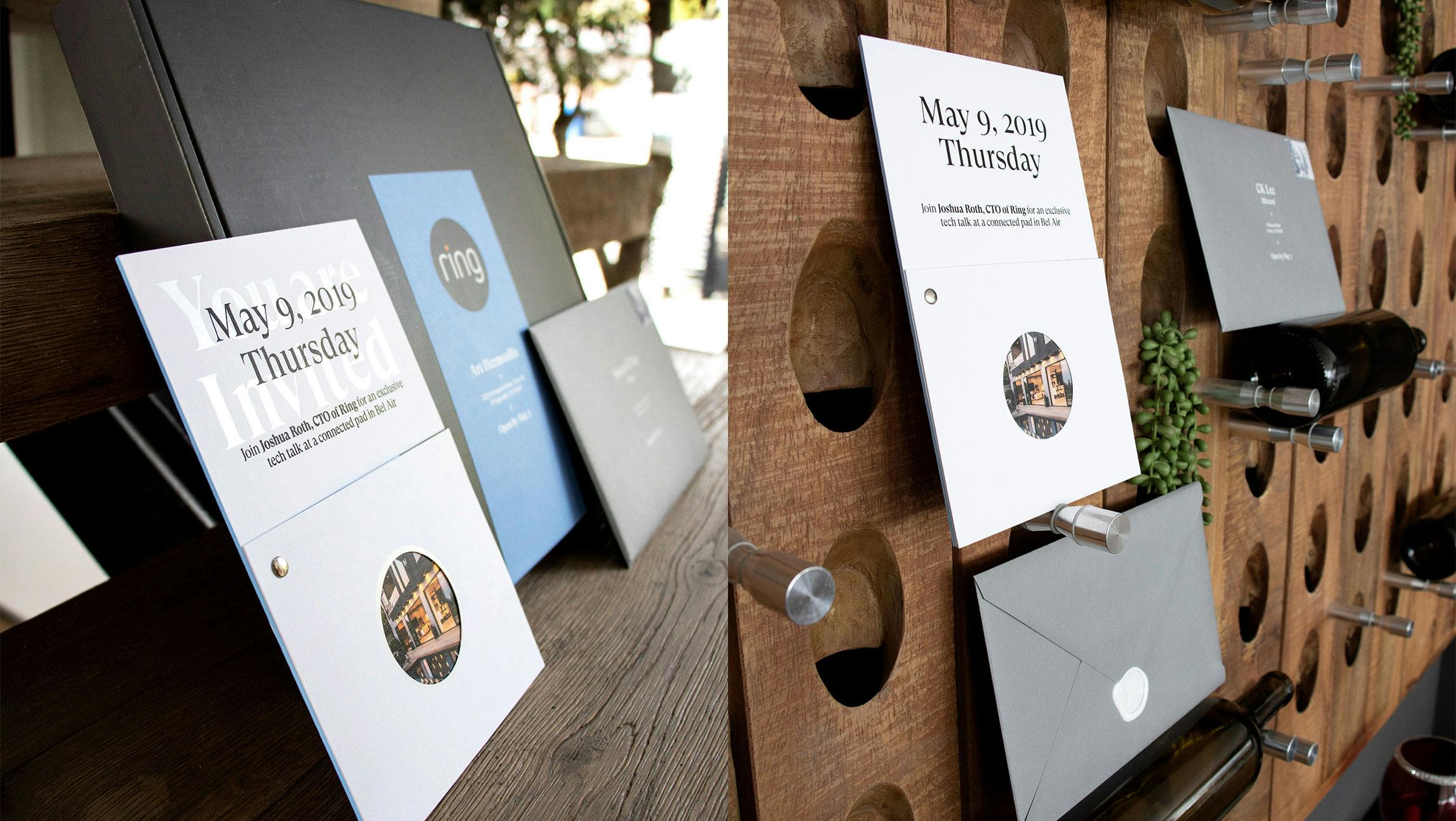 A split screen image of two photographs- on the left the Datadog x Ring invitation is placed on a dark wooden surface and on the right the Datadog x Ring invitation is mounted on a wooden wall.