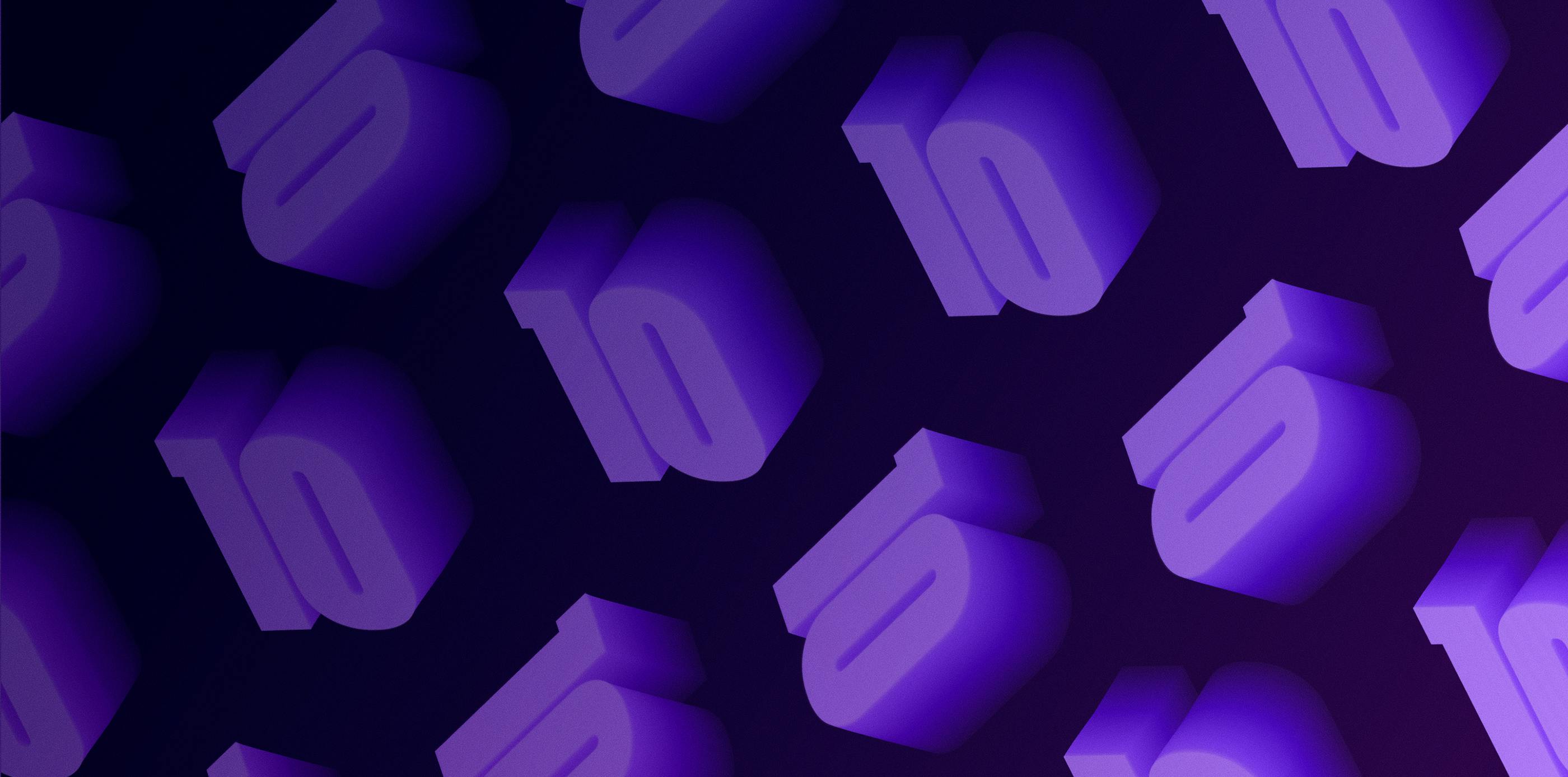 A digital background comprised of repeated 3d illustrations of the number 10, staggered and angled on a dark purple background.