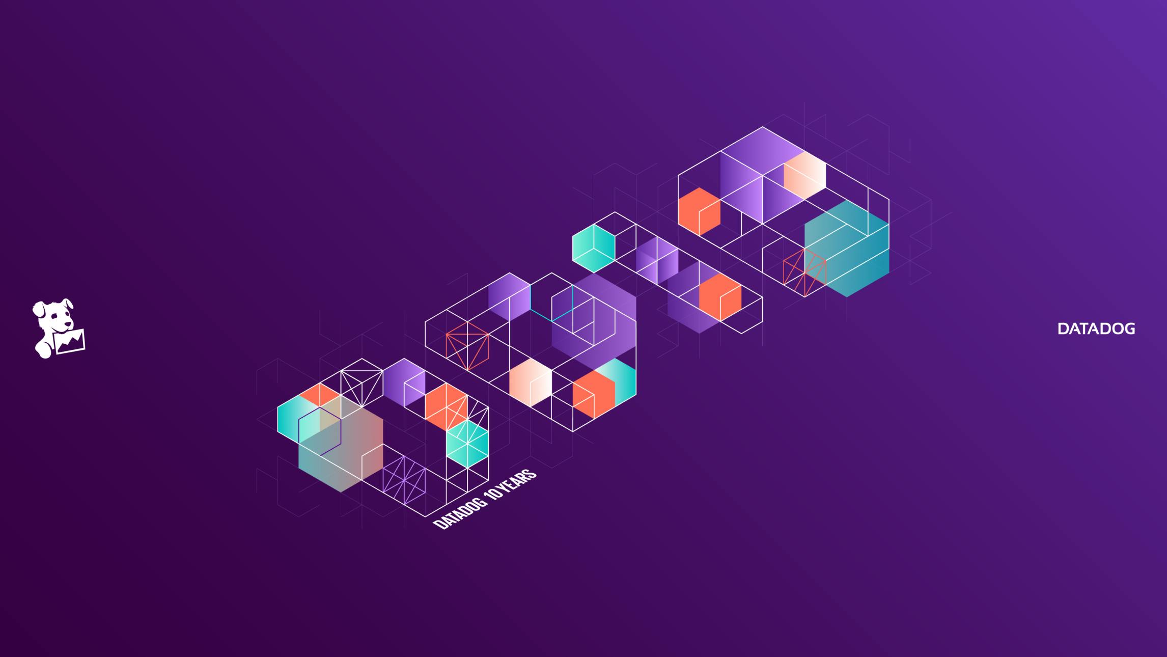 A purple gradient digital rendering with squares, cubes and lines in white, orange, light purple, and aqua arranged in the shape of the numbers '0010'. The Datadog logo(white) is vertically centered on the left, 'Datadog' in capitol white letters is vertically centered on the right, and 'Datadog 10 Years' in white letters across the bottom of the first 0