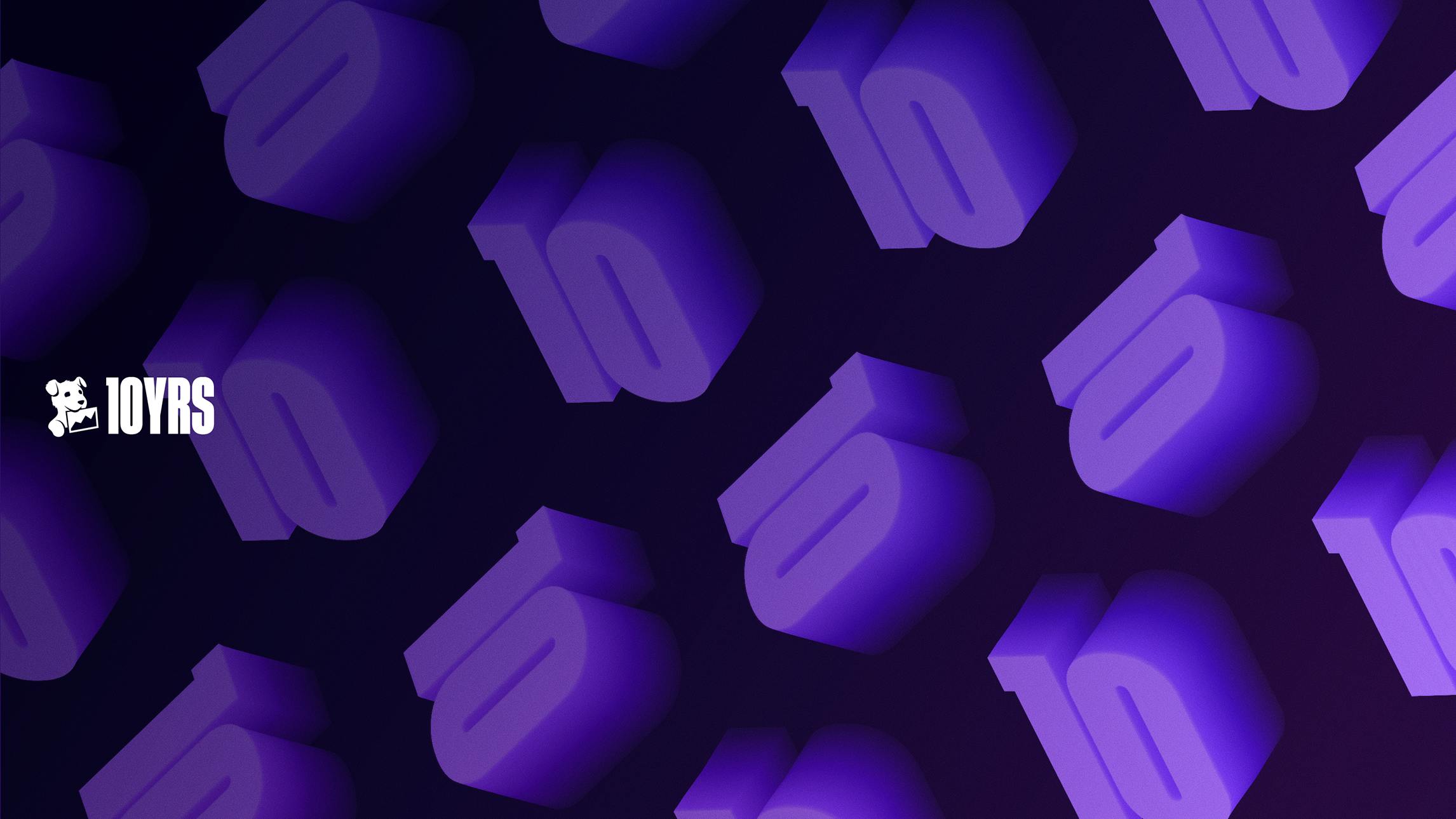 A digital background comprised of repeated 3d illustrations of the number 10, staggered and angled on a dark purple background. The Datadog logo(white) and the text '10YRS' in bold white lettring are vertically centered on the left side.