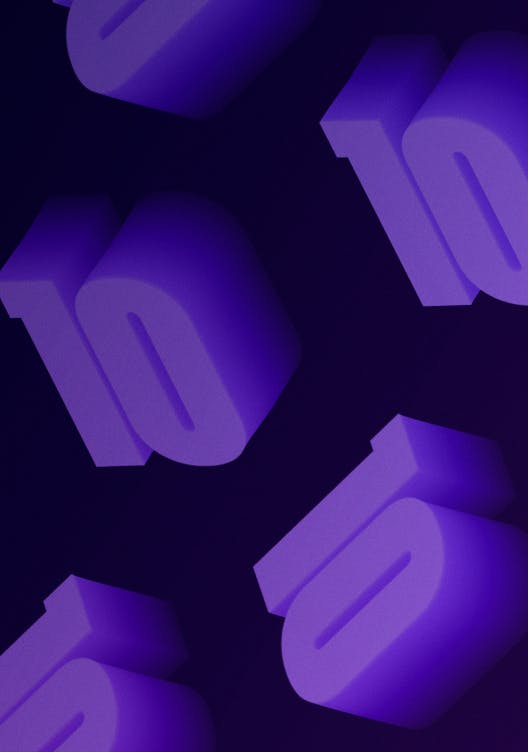 Repeated illustration of the number 10, staggered and angled on a dark purple background.