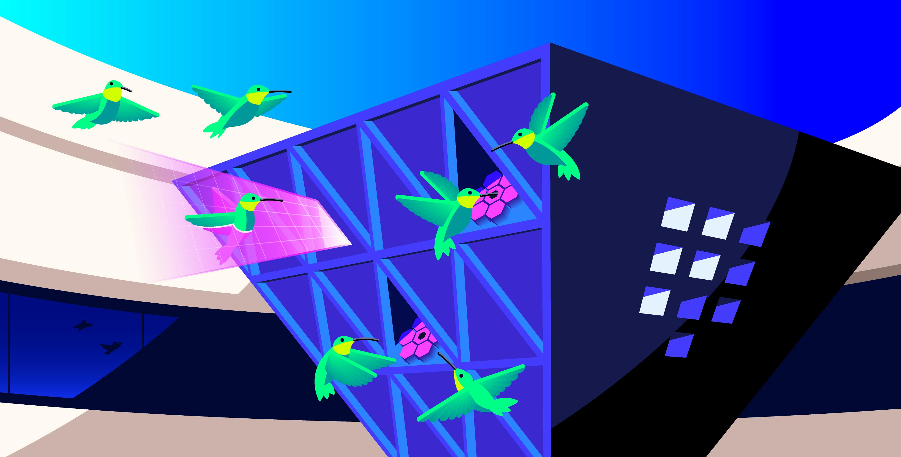 Digital and futuristic illustration portraying bright green hummingbirds feeding from a large, blue, square funnel with bright pink flowers.