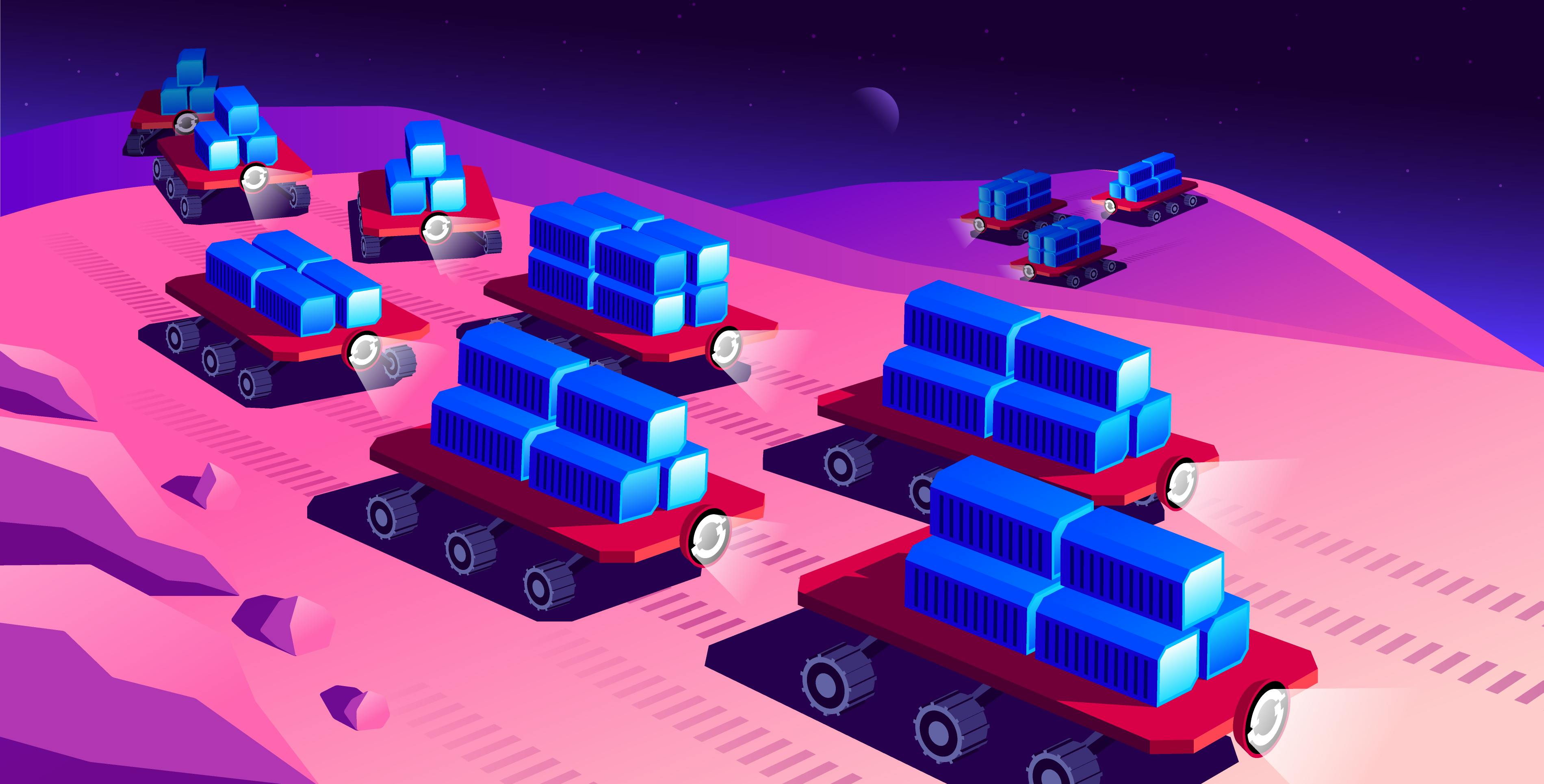 A colorful, digital rendering of space rover inspired vehicles(red) transporting shipping containers(blue) across a dark, celestial body(purple and pink).