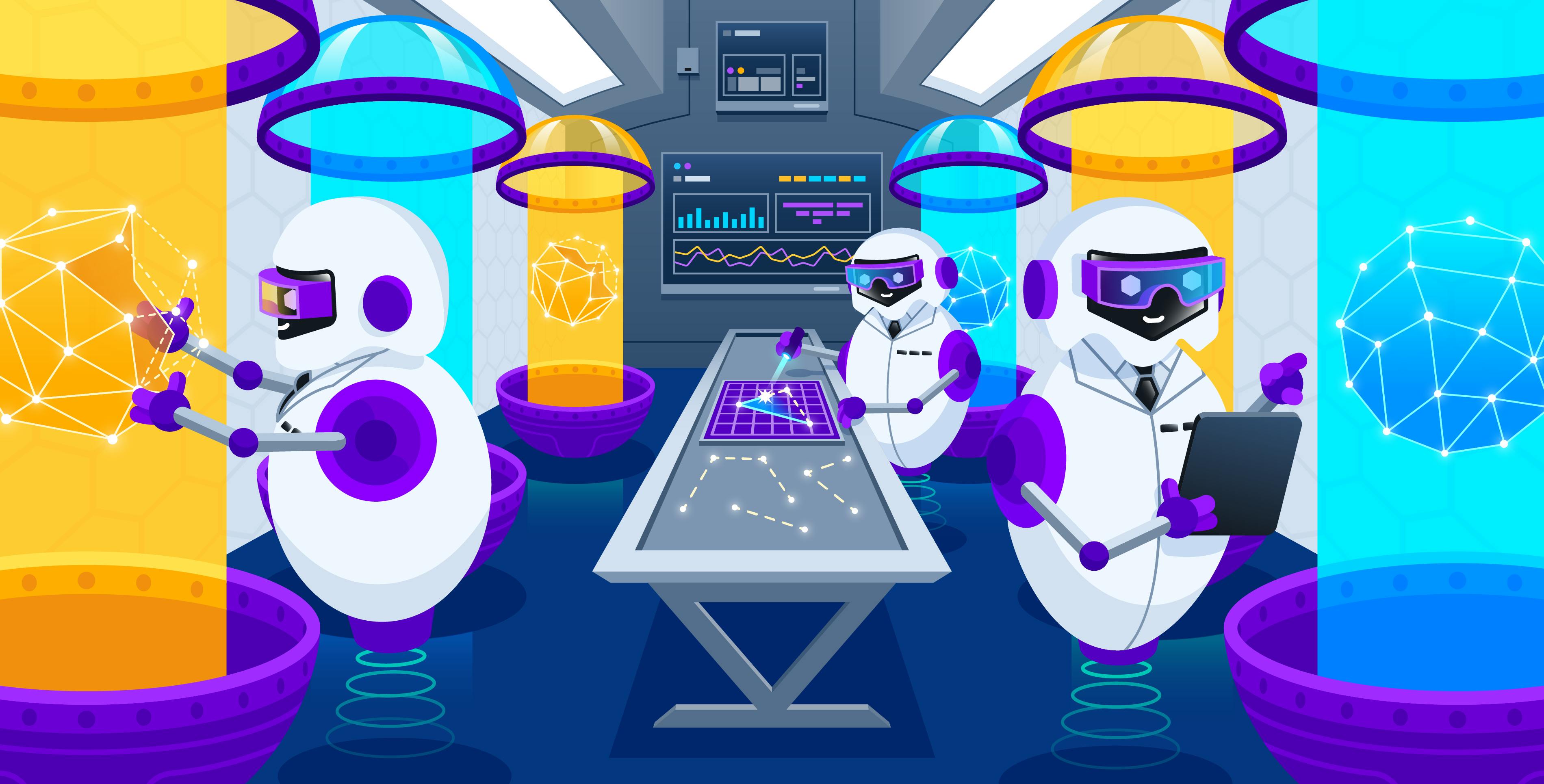 A digital illustration of three cheerful robots(purple and white), levitating in a lab-like environment(gray and white) and taking measurements of shapes suspended in large, alternating orange and blue tubes.
