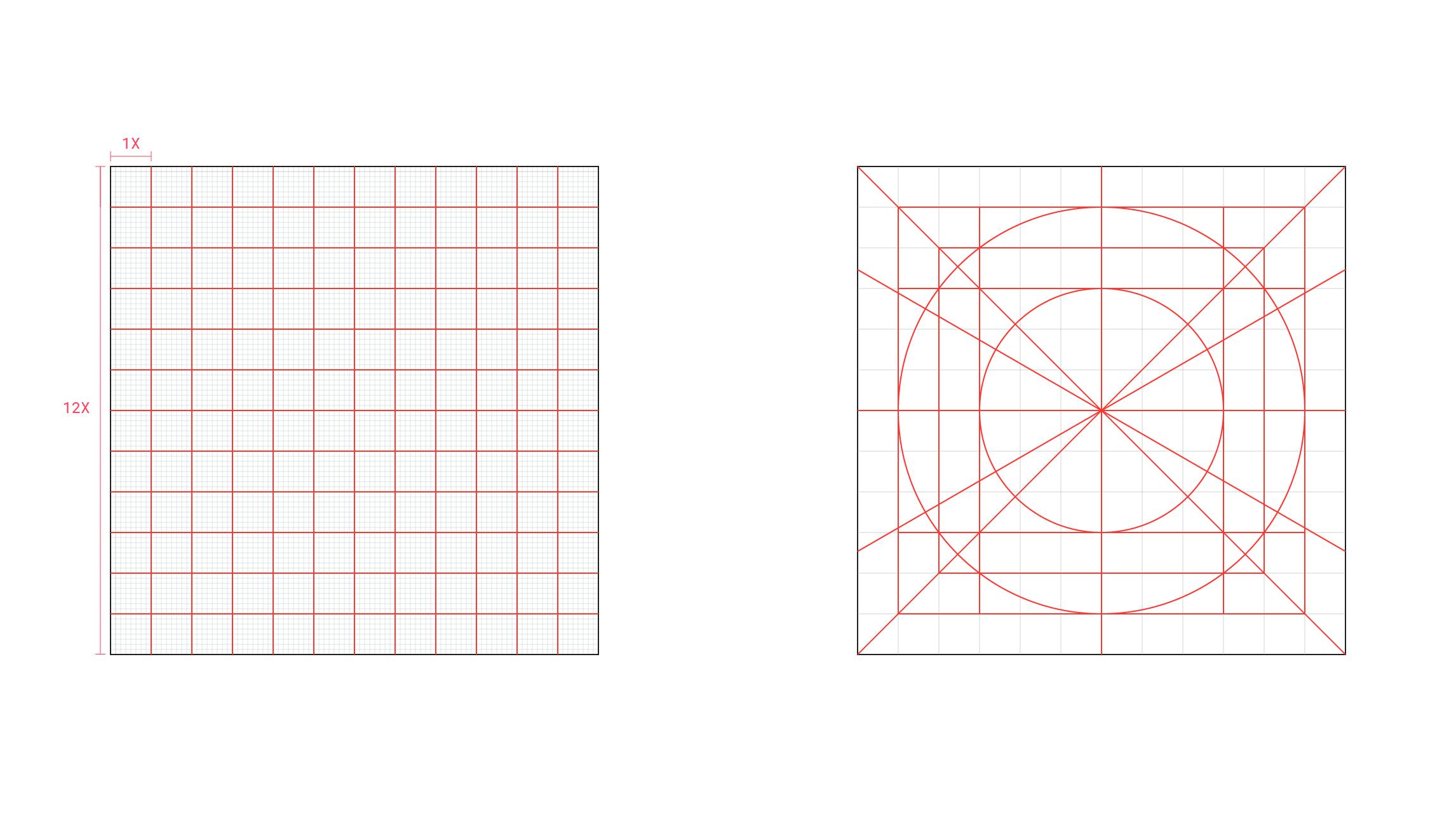 A grid that consists of twelve rows and twelve columns is displayed on the left hand side. On the right hand side, concentric circles, squares, and diagonal lines are strategically placed within a grid with the same dimensions to provide guidelines for icon creation.