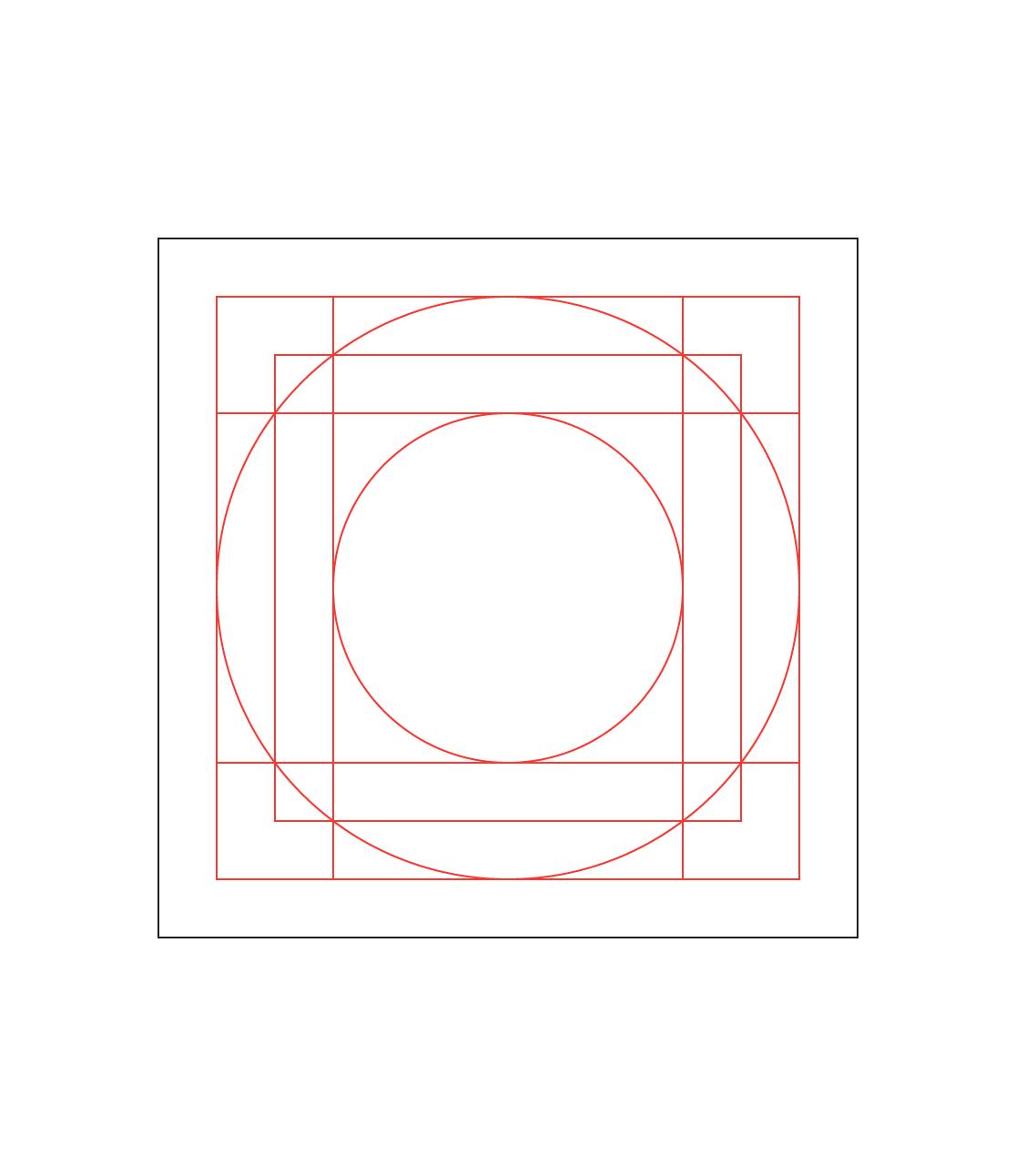 A box with the same dimensions as the grids above is rendered containing concentric circles and squares.