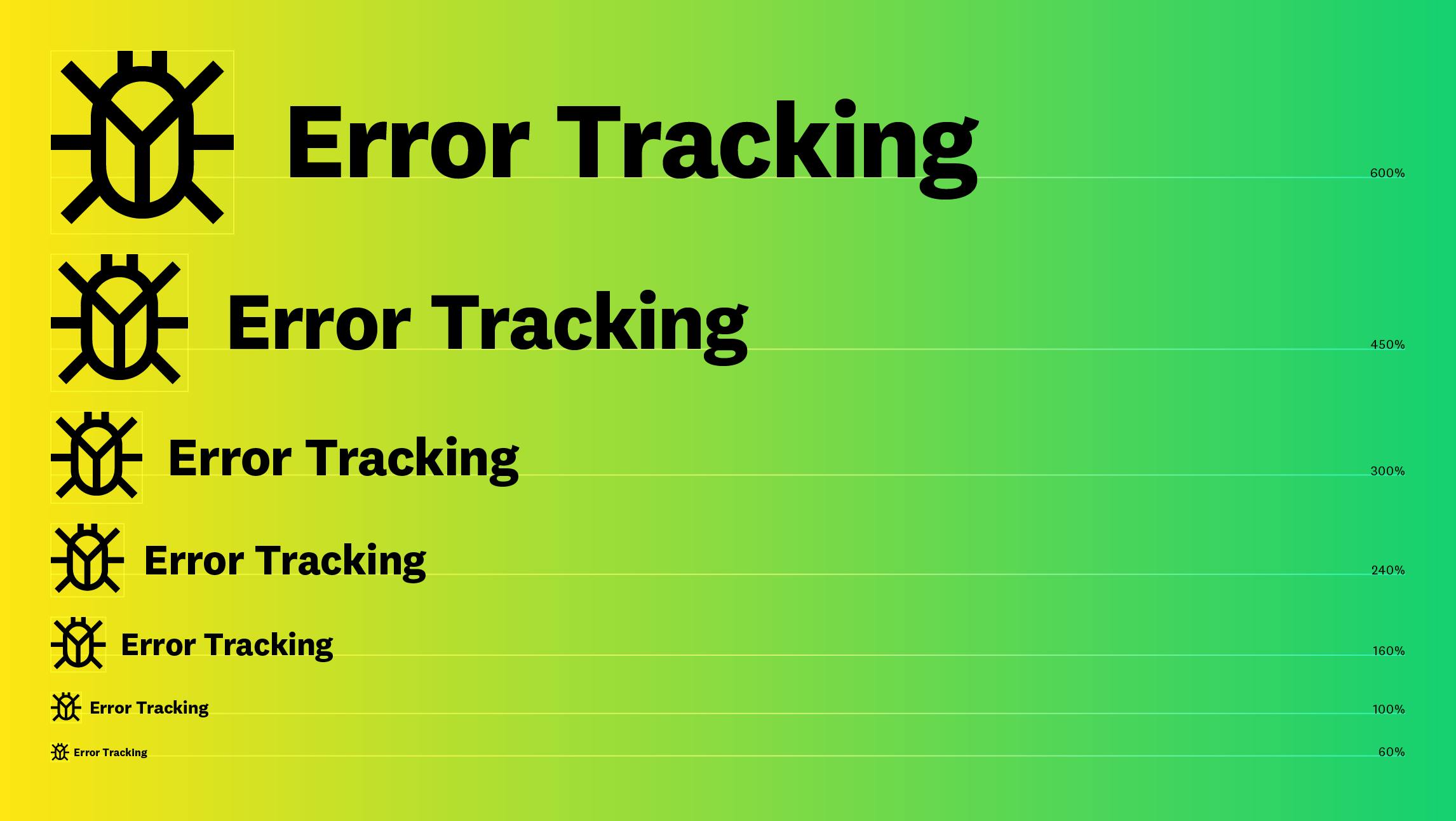 Displayed on a bright green and yellow gradient background, the error tracking icon- a vertically oriented oval, with six legs and two small antenae following the icon grid guidelines- and the text 'Error Tracking' are displayed in rows. Each row decreasing in size to showcase the flexibility and legibility of the icons.
