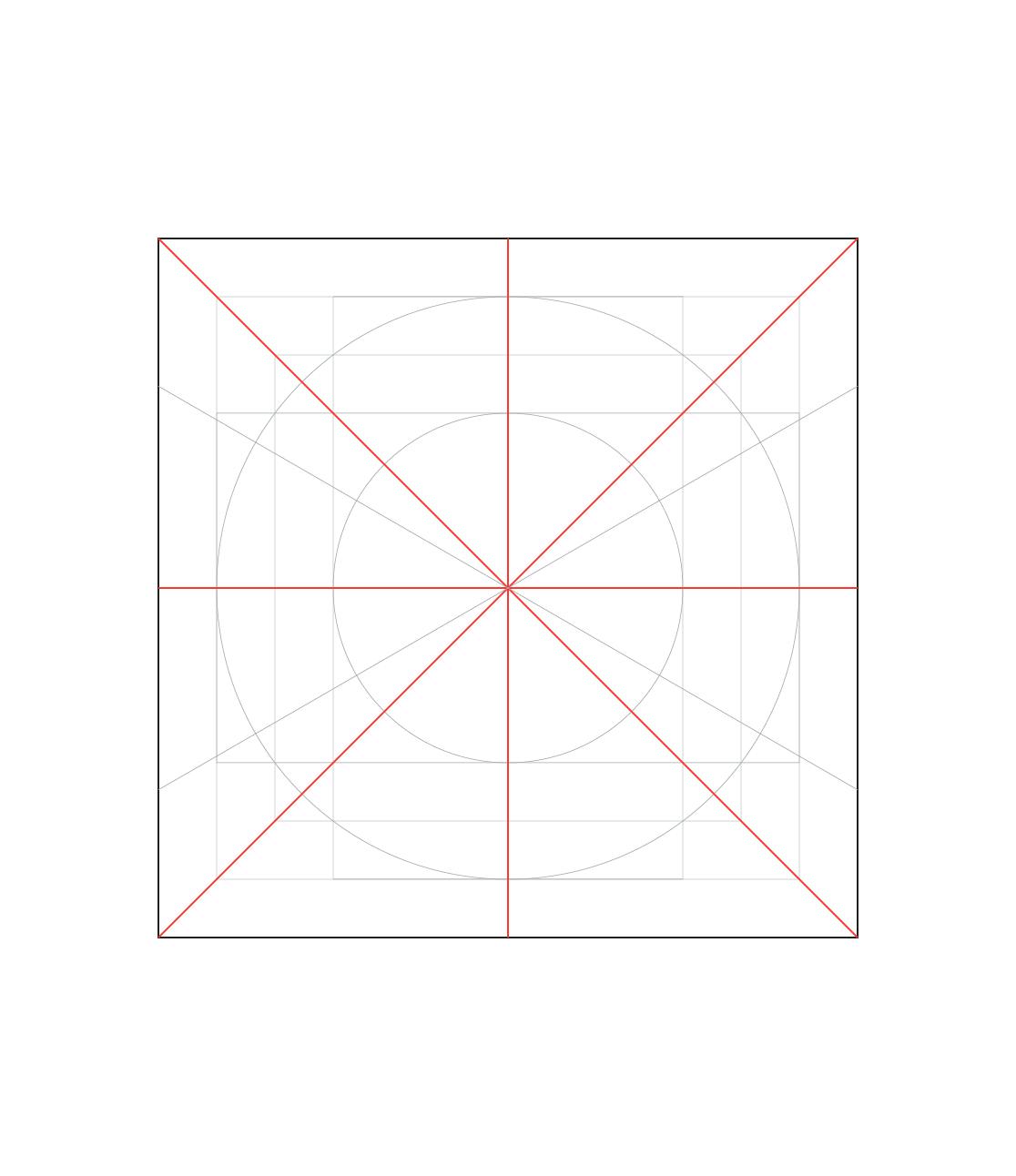 Within the established grid system, the centered vertical line, centered horizontal line, line that extends from the top left corner to the bottom right corner, and line that extend from the bottom left corner to the top right corner are highlighted in red.
