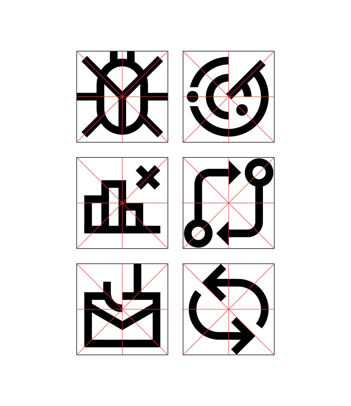 Icons are placed within the previously detailed grid and arranged in three rows of two to showcase icons that leverage the cardinal and orthogonal flowlines.