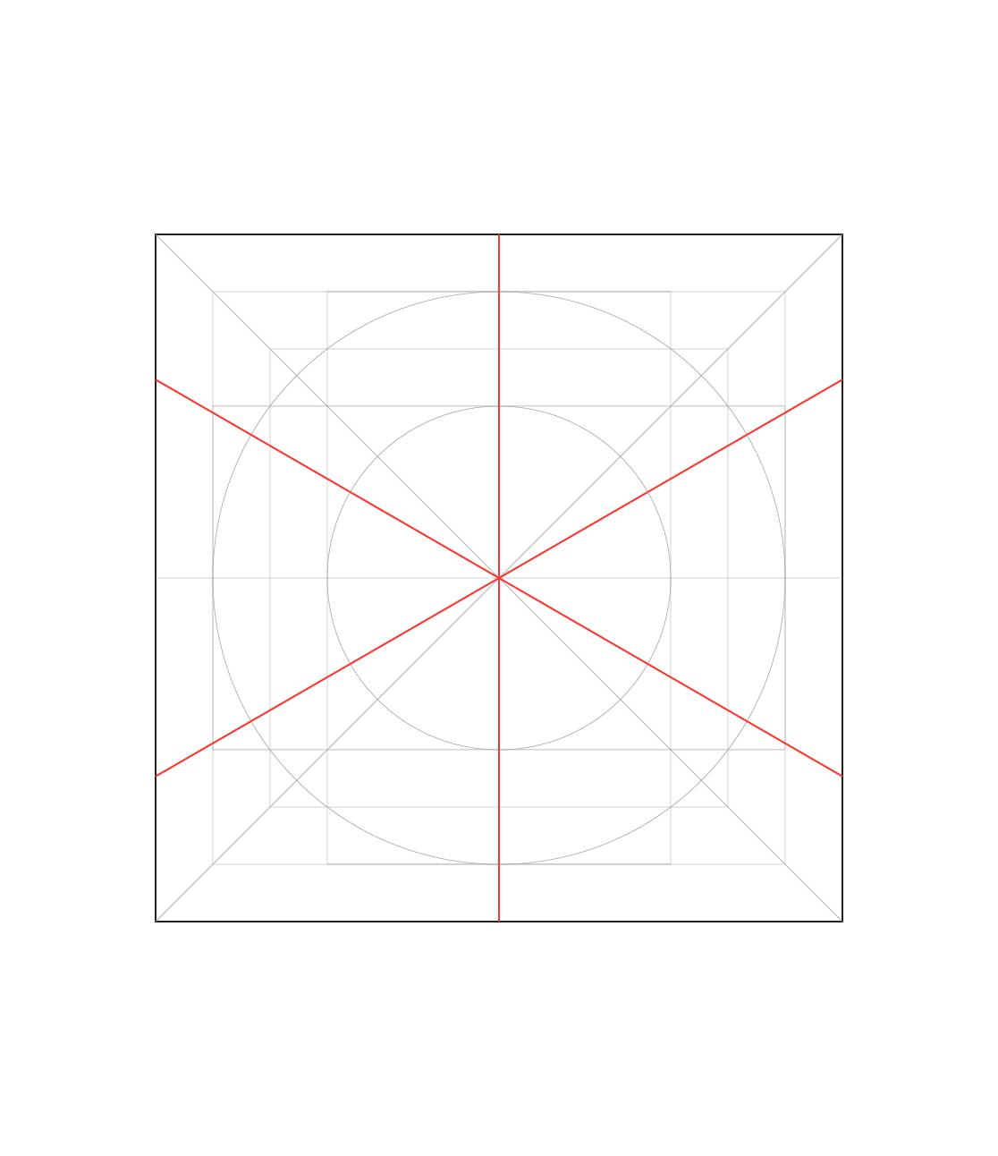 Within the established grid system, three lines dividing the square into six slices are highlighted in red.
