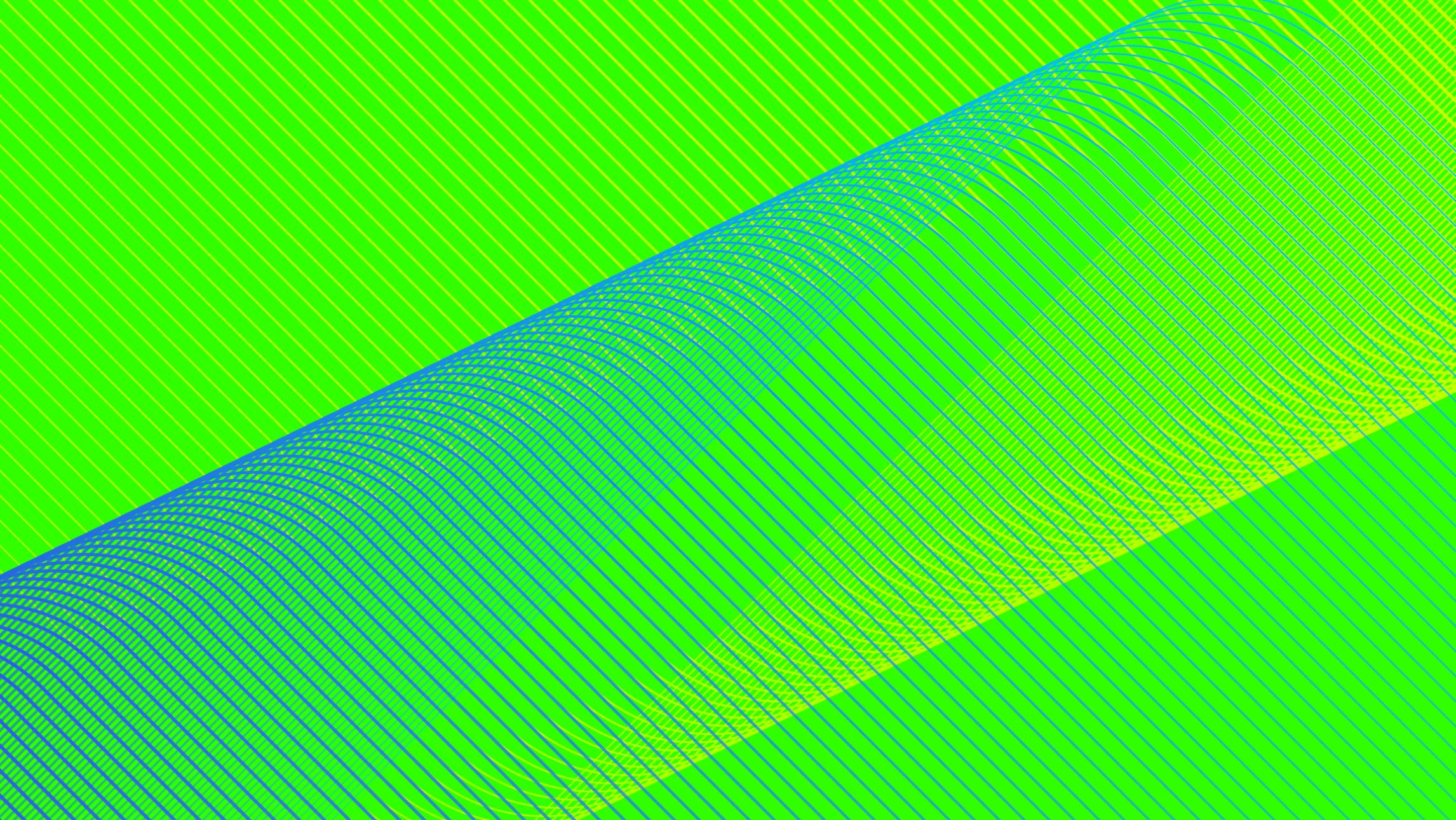 A digital rendering of blue parallel lines and yellow parallel lines that bend and curve over a lime green background.