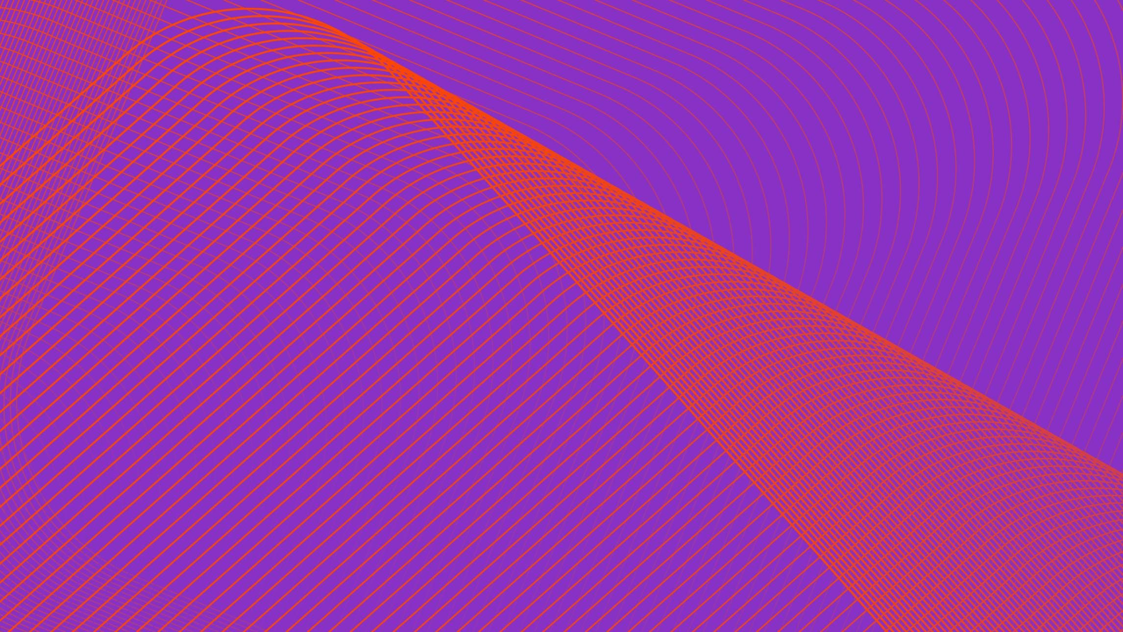 A digital rendering of red parallel lines that bend and curve over a purple background.