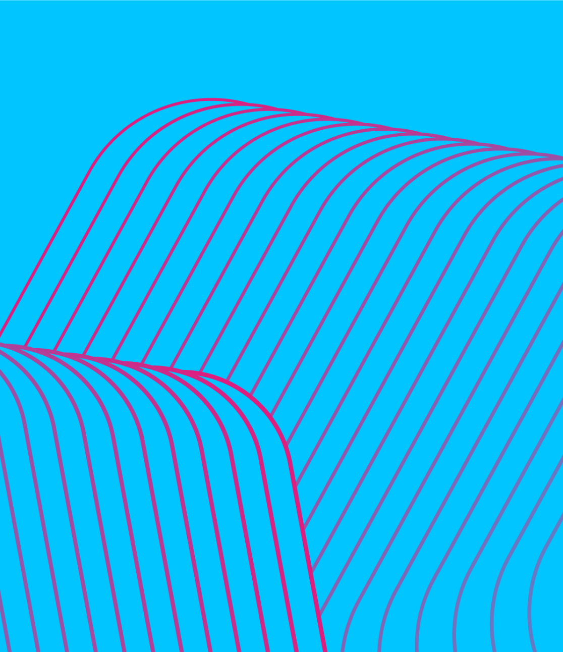 A digital rendering of magenta parallel lines that bend and curve over a light blue background.