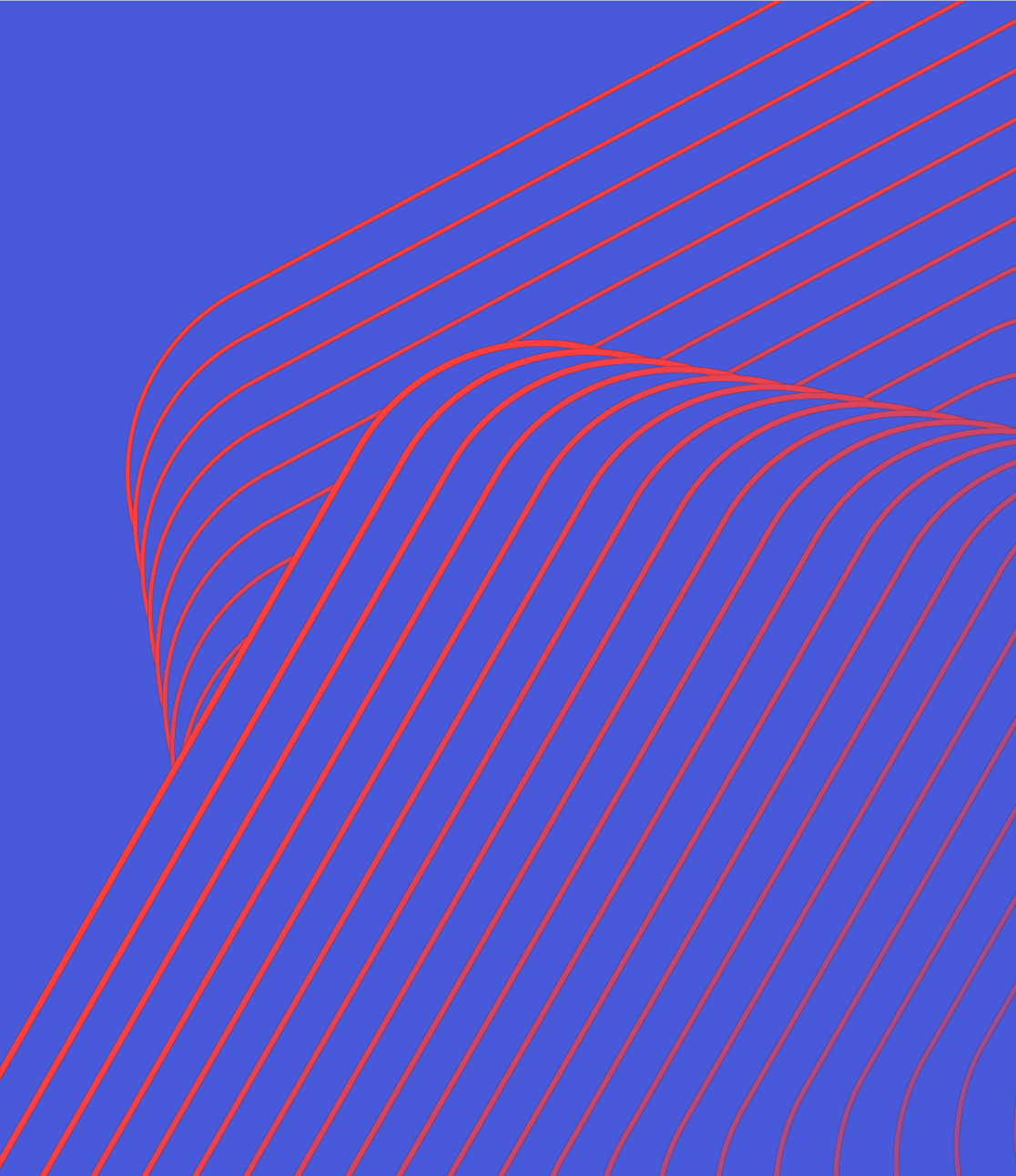 A digital rendering of red parallel lines that bend and curve over an indigo background.
