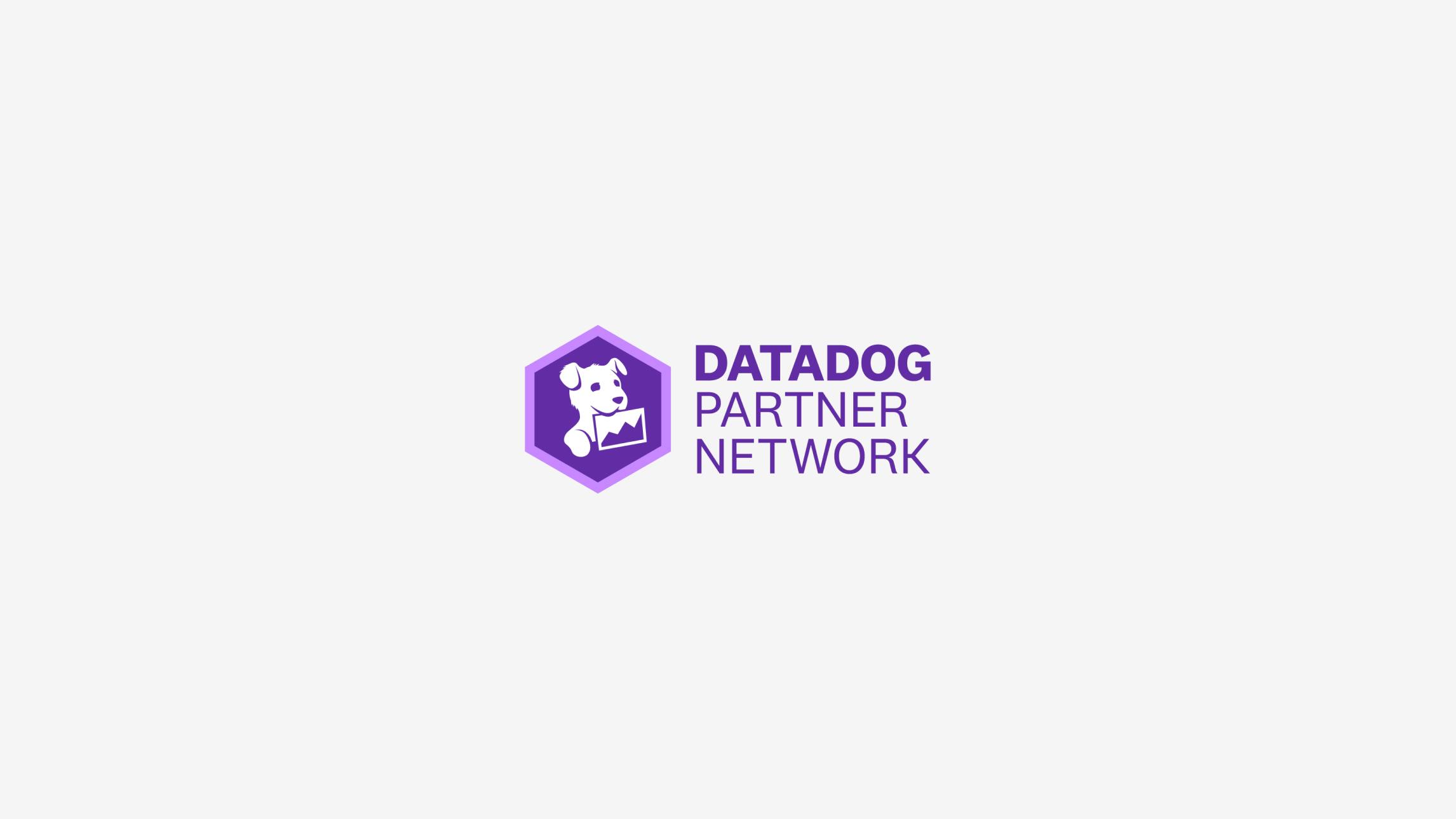 Datadog Partner Network logo centered on a light gray background. The logo is comprised of the Datadog logo(a white dog holding a chart in his mouth) centered on a purple hexagon with a light purple border and the text Datadog(bold) Partner Network printed on three lines adjacent to the hexagon.