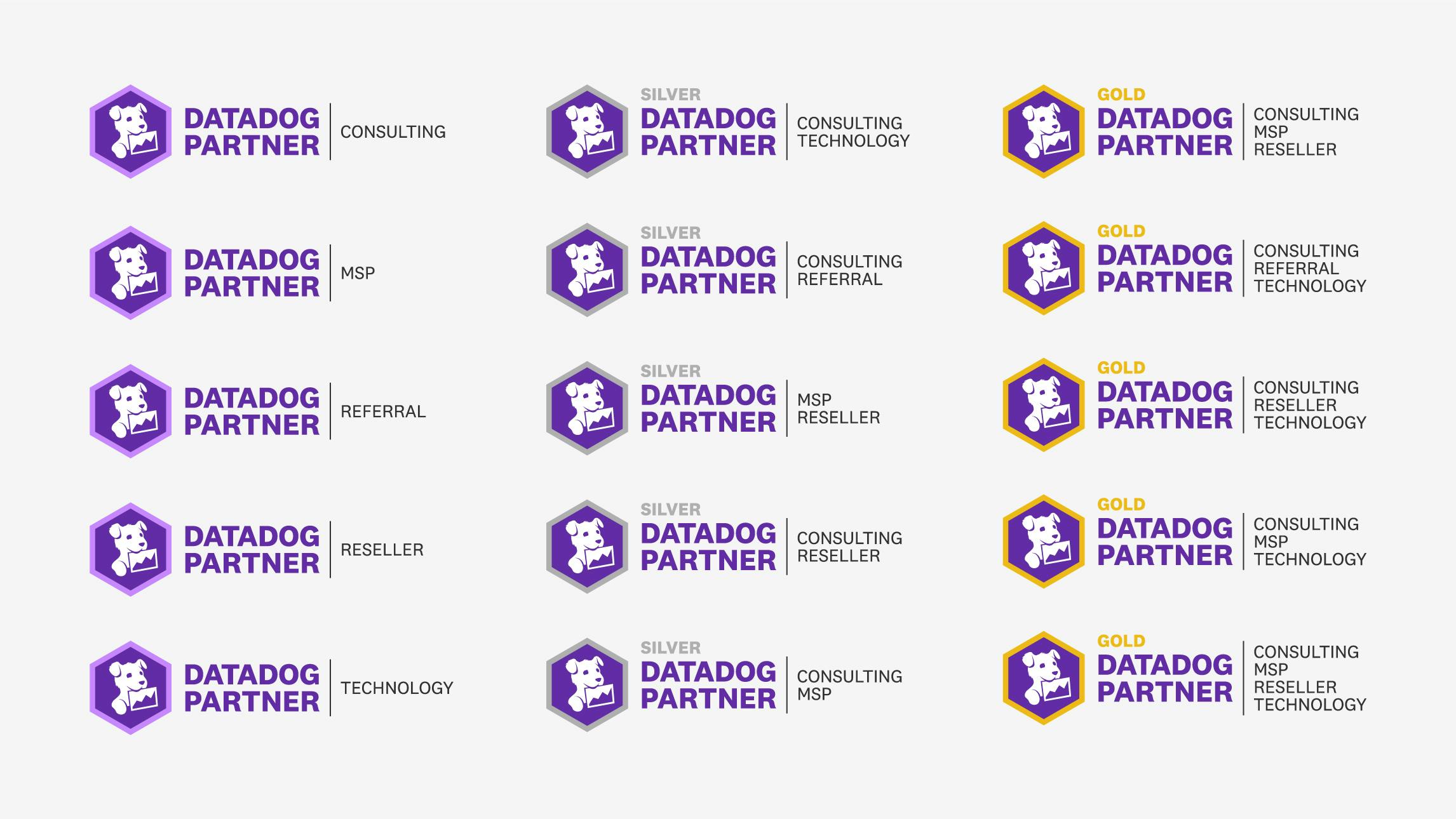 Five rows of three versions of the Datadog Partner Network logo showcasing the Partner(purple hexagon with light purple border), Silver Partner(purple hexagon with silver border), and Gold Partner(purple hexagon with gold border) permutations of the logo.