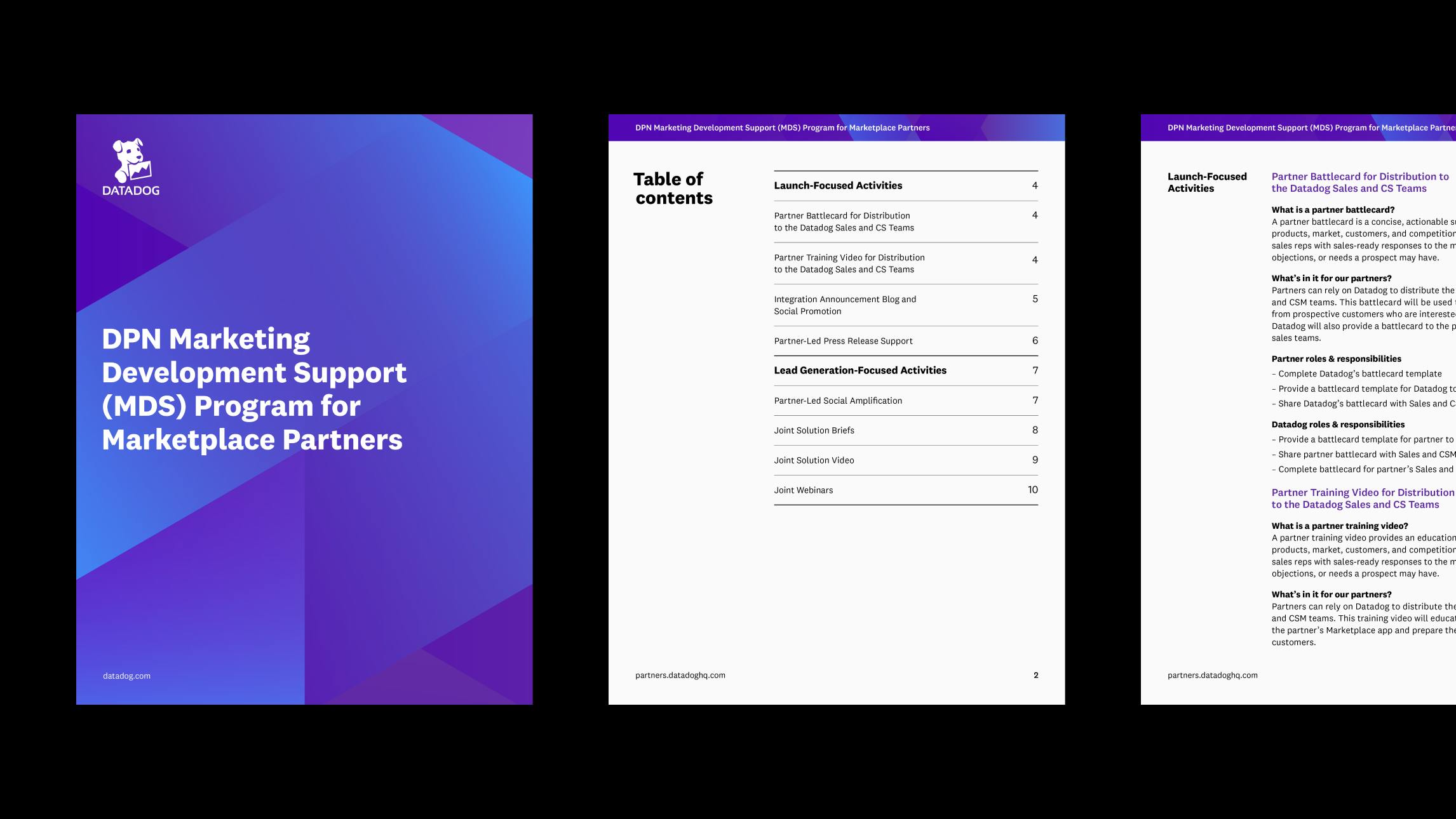 Three pages of a Datadog Partner Network pdf file arranged in a row on a black background. The cover page is blue and purple and plays on the overlapping hexagon shape theme with the title in bold white text in the center of the page. The two detail pages remain consistent with the DPN branding with a border across the top of the page adapted from the overlapping purple and blue hexagon background.