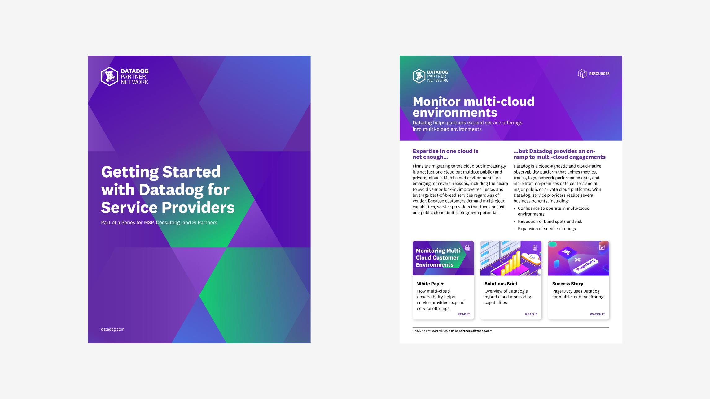 Two pages of a Datadog Partner Network pdf version of an exclusive resource side by side on a light gray background. The cover page's background is comprised of blue, purple and green overlapping hexagons with the title displyed in bold white text on the center of the page. The detail page contains a header section that shares the title page's background prior to presenting resource specific information.