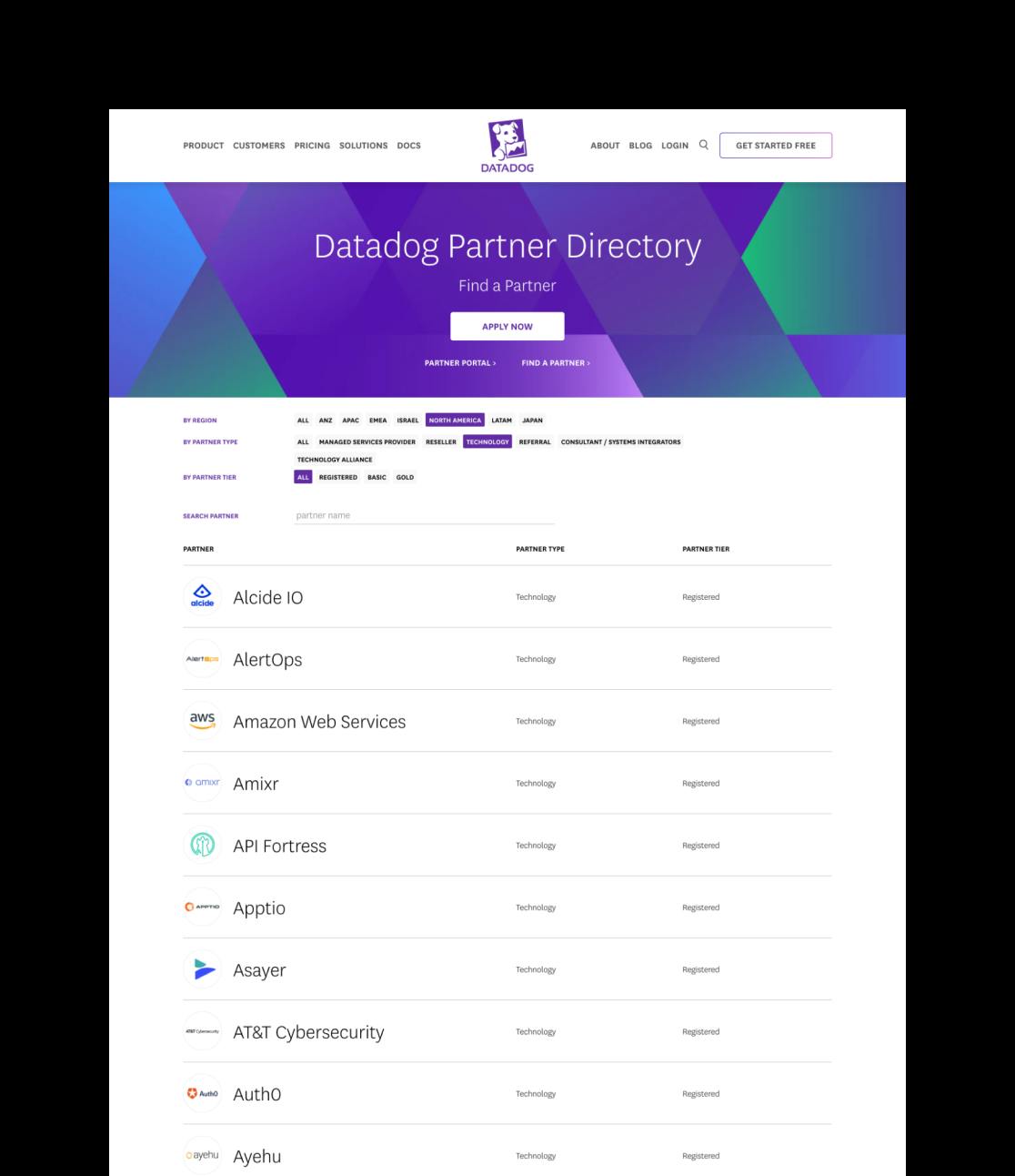 A screencapture of the Partner Directory webpage on a black background. The background image of the header scetion utilizing the blue, purple and green overlapping hexagons imagery.