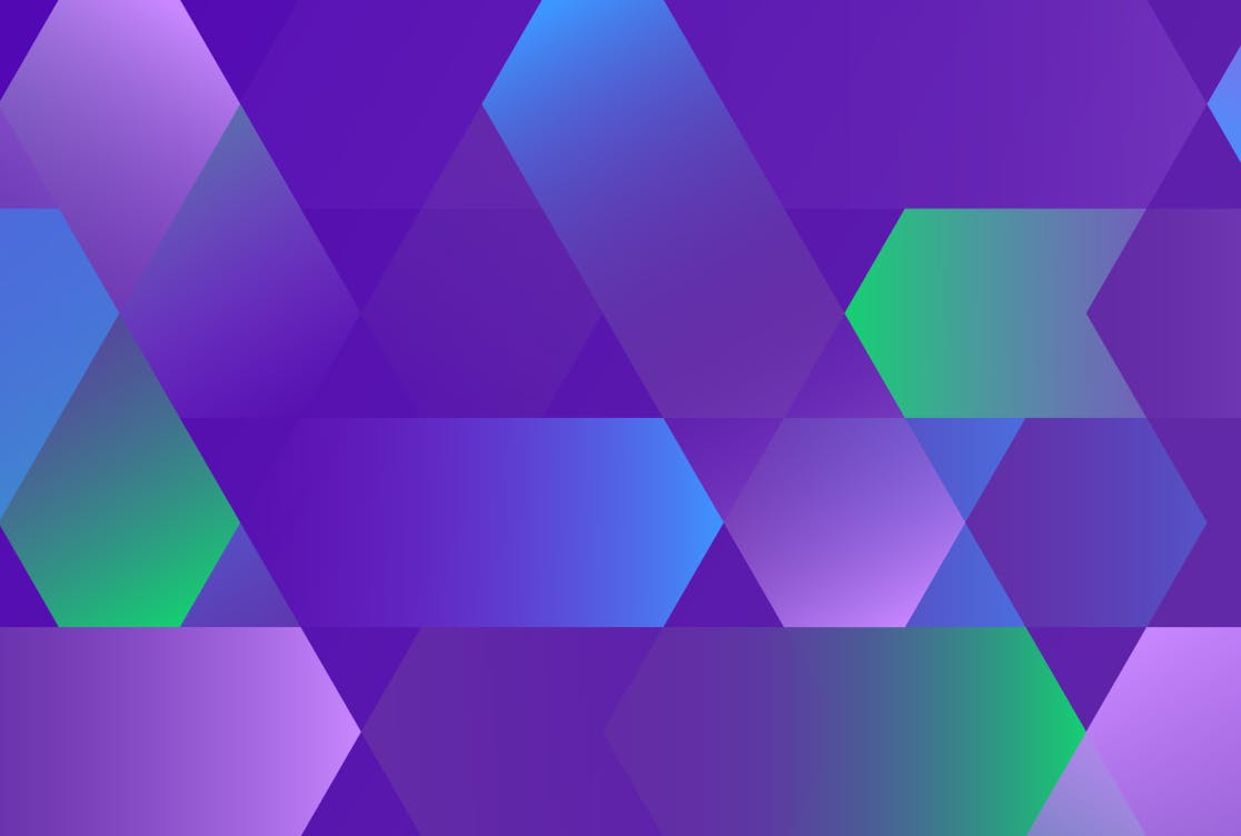 Purple, blue and green hexagons that fade into one another to comprise a digital background.