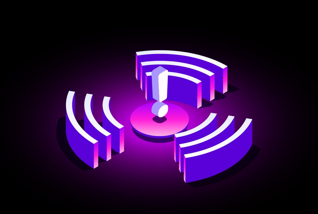 Digital isometric icon, resembling an excalamation point surrounded by semi circles and made 3D. The icon is white, purple and pink and set on a dark background for high contrast.