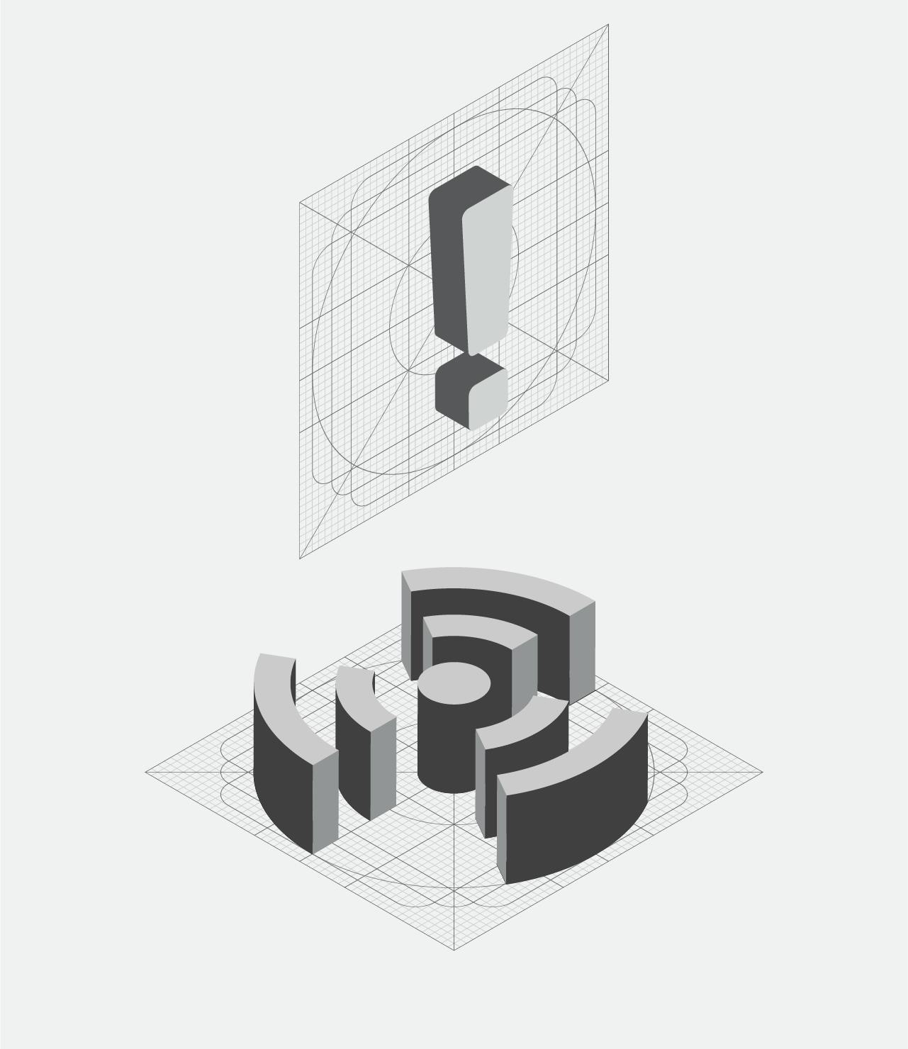 The isometric extrusion of the Monitors and Incidents icons- A 3d version of the two preceeding icons- each centered within their own grid, on a light gray background.