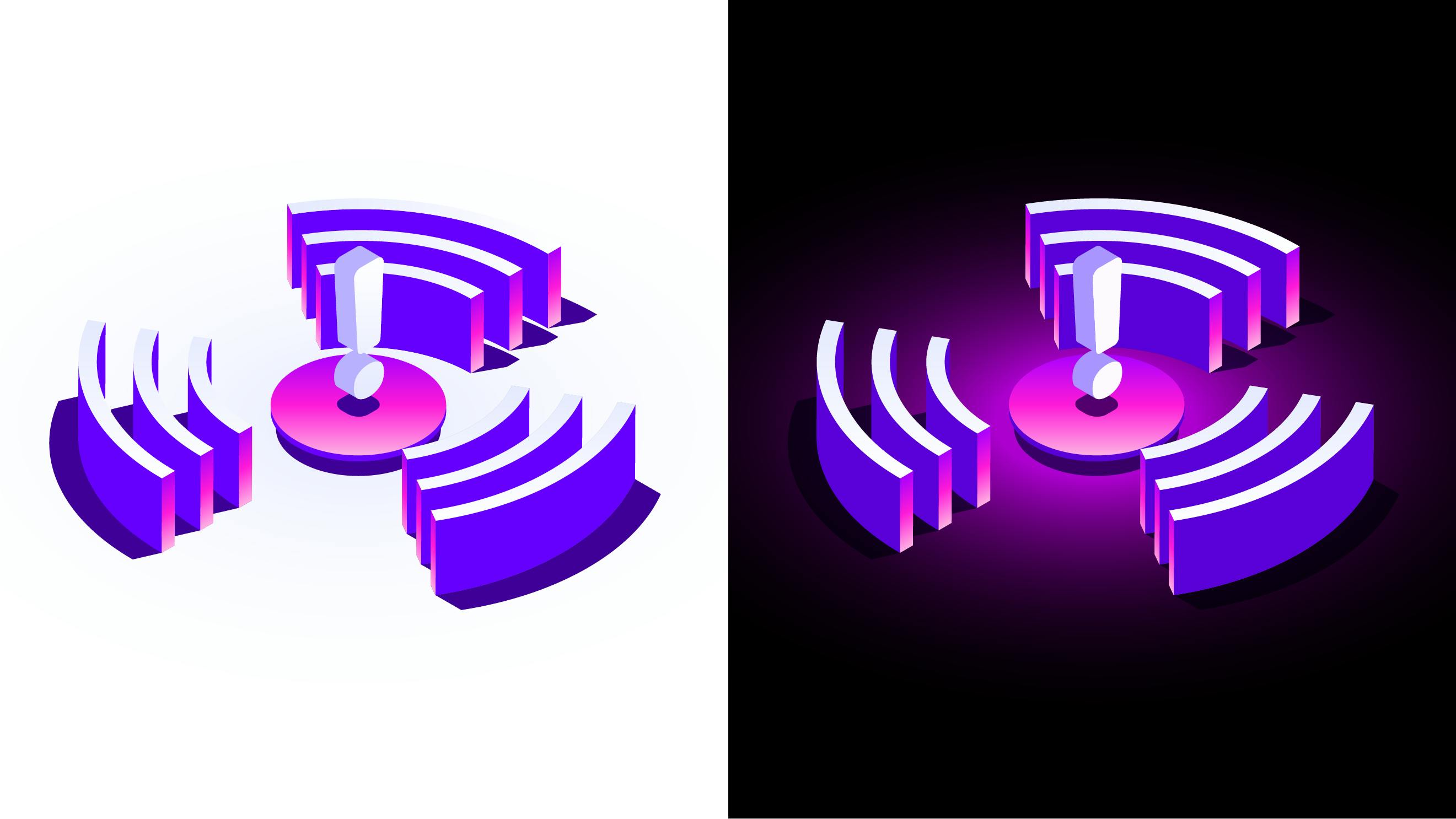 A split screen image with the Incident Management illustration on a white background on the left and on a dark background on the right. The Incident Managent illustration is in vivid color on both light and dark backgrounds- the exclamation point is white and lilac atop a pink and purple cylindrical shape and surrounded by white, purple, and pink concentric semicircles with dark purple shadows.