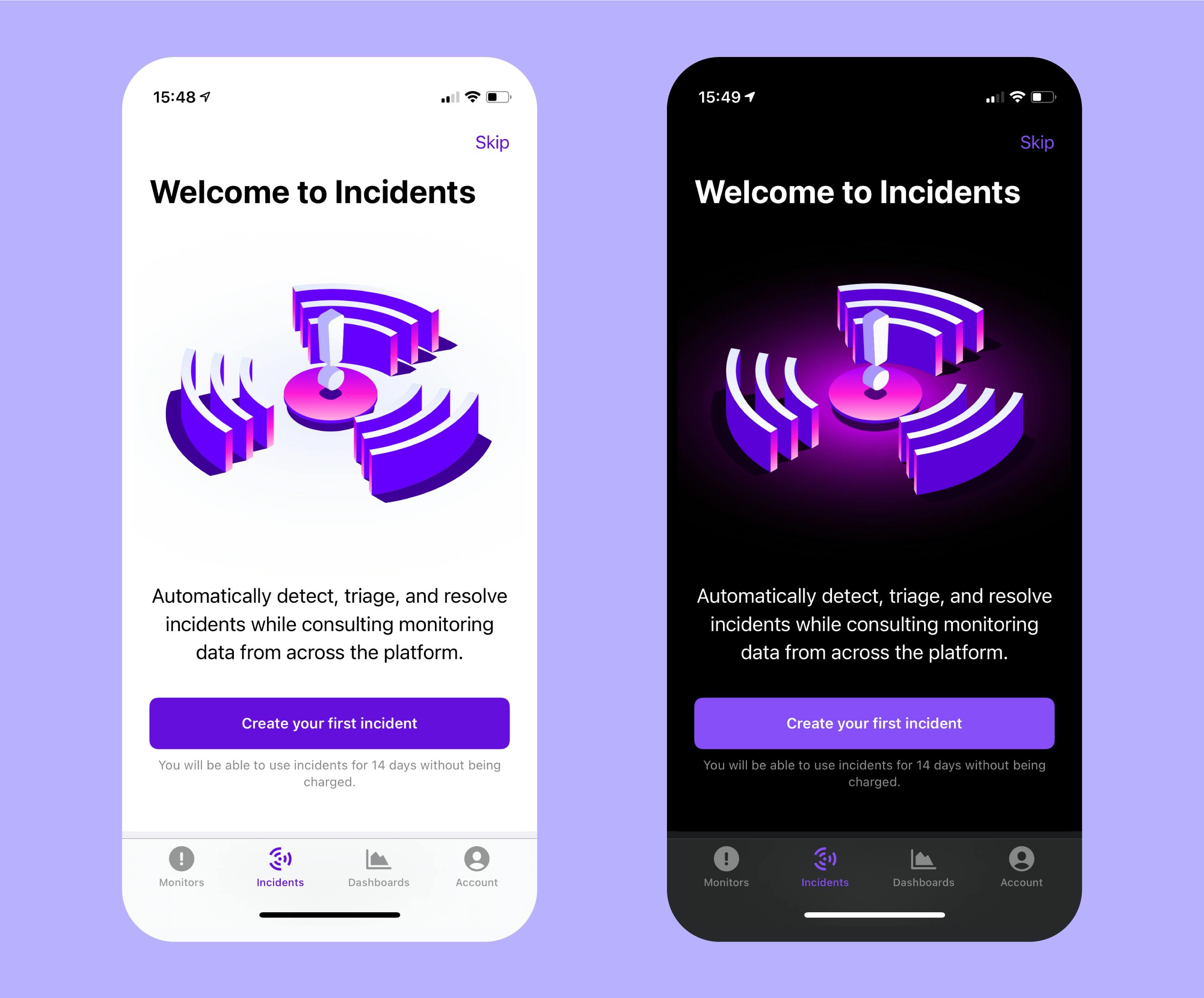 The Incident Management illustration in the context it was designed for- the Incidents welcome page of the Datadog app. On the left, the mobile welcome screen is shown in light mode and on the right, the mobile screen is shown in dark mode. The two screencaptures are arranged on a lilac background.