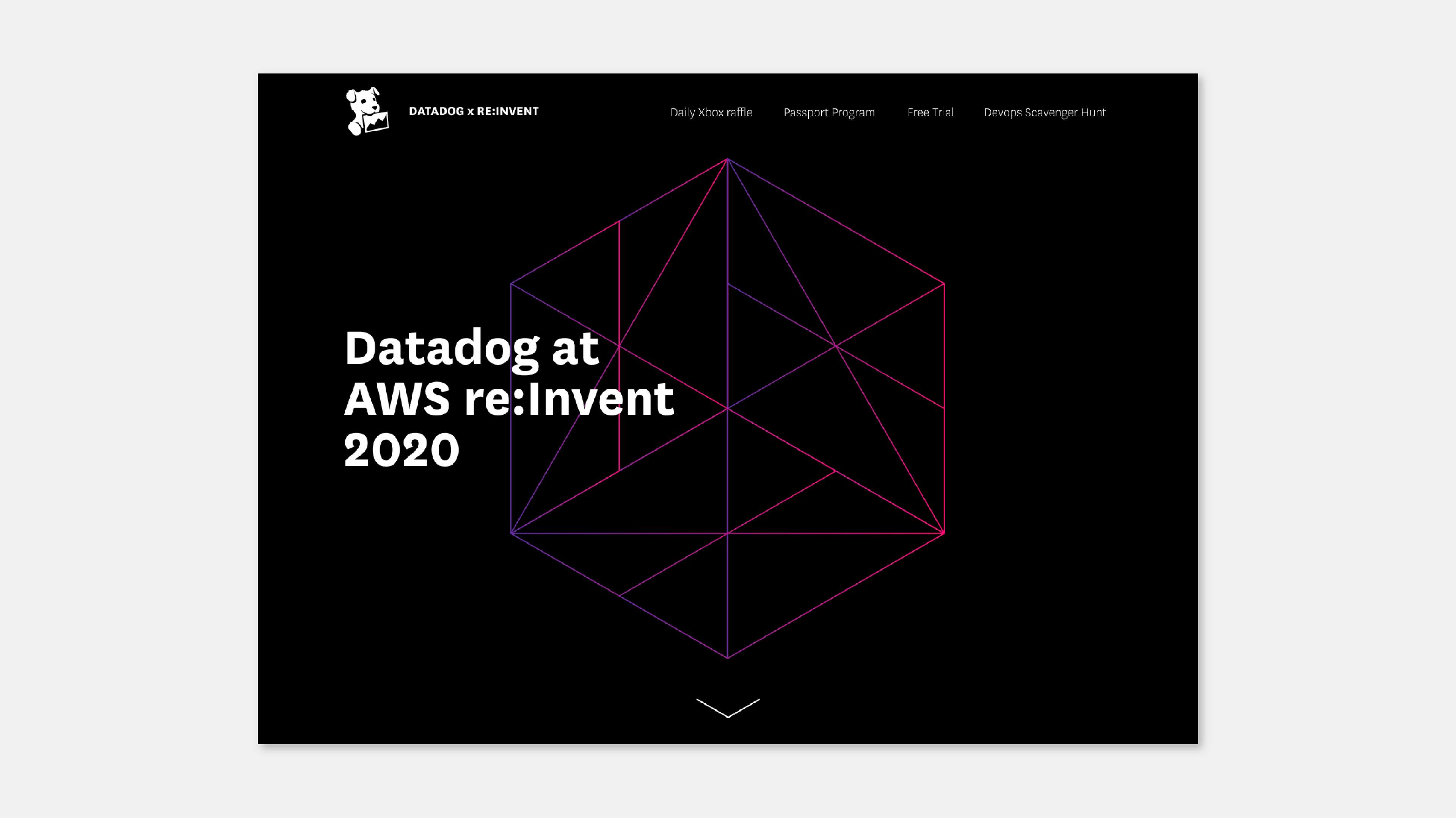 A screencapture of the Datadog at AWS re:Invent 2020 landing page. The focal point of the webpage is a hexagon comprised of the layered abstracted shapes in the above flow chart. The website's background color is black and the centered hexagonal shape's lines are pink and purple gradients.