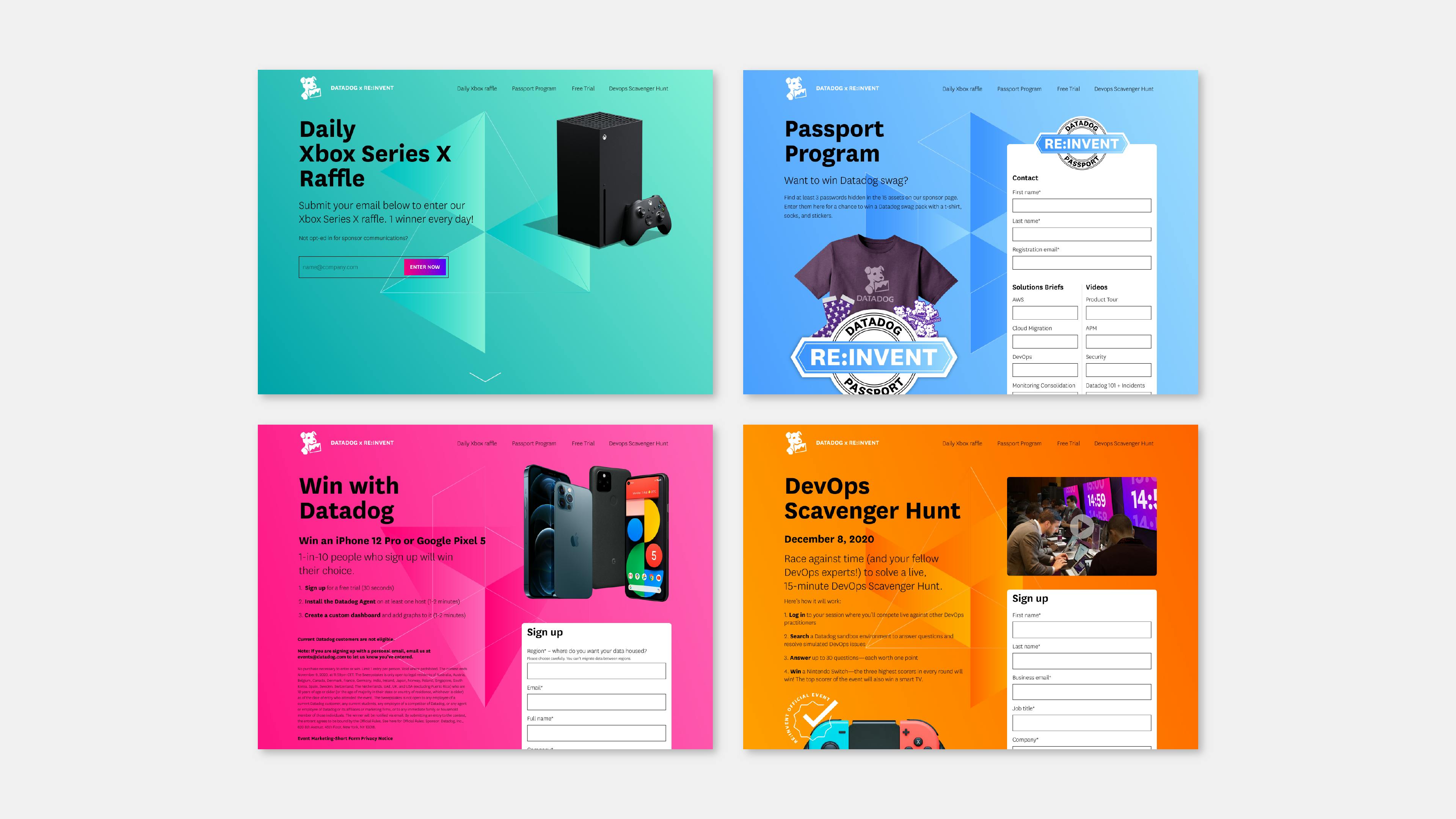 Four screencaptures of Datadog at AWS re:Invent 2020 registration landing pages. Arranged in two rows of two, the four pages share the hexagonal shape motif and bold lettering to display information and forms that are page specific. From top left to bottom right: the Daily Xbox Series X Raffle registration page(blue-green), the Passport Program(blue), the Win With Datadog raffle registration page(bright pink), and the DevOps Scavenger Hunt registration page(orange).