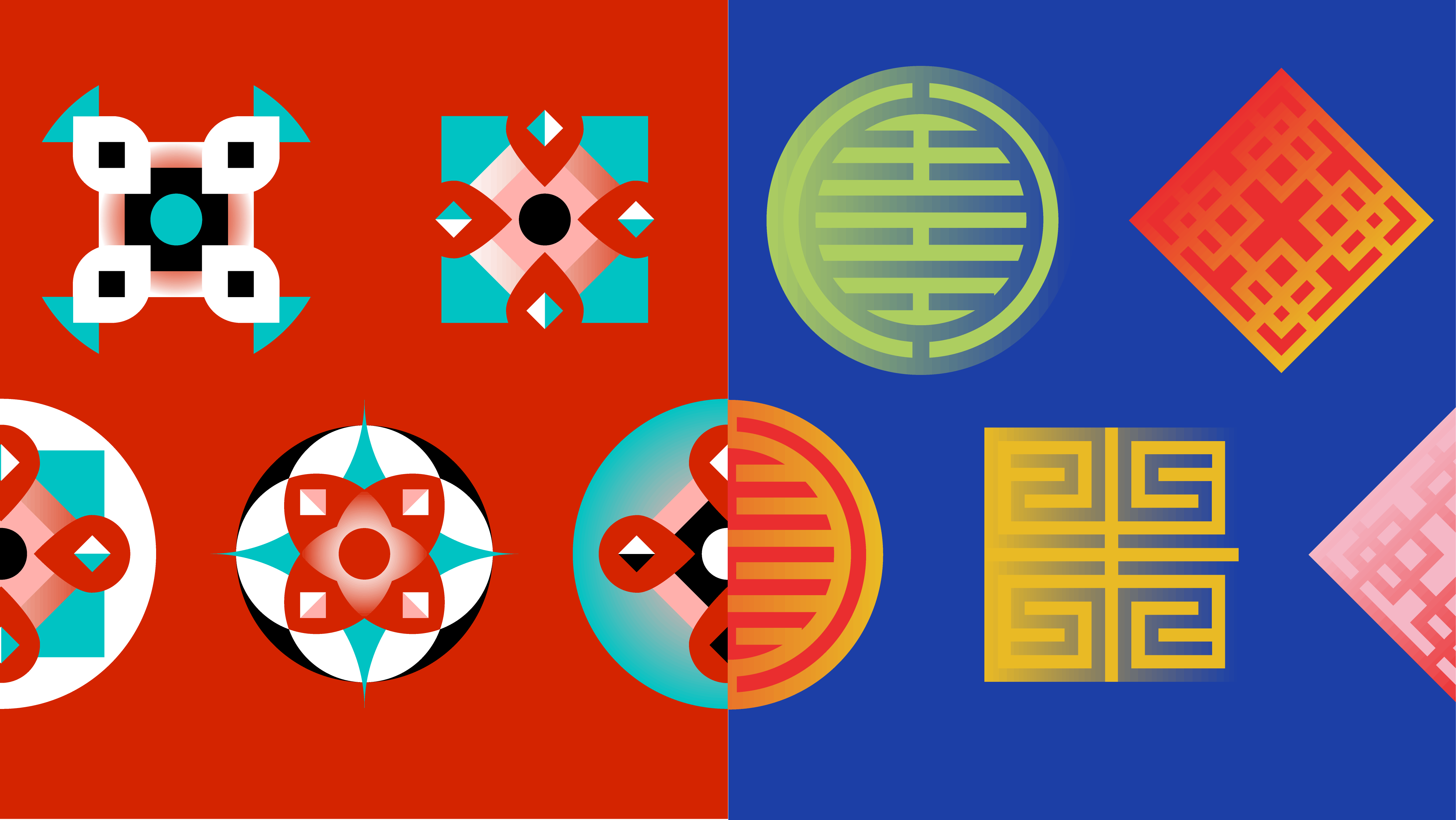 A split digital image displaying the key shapes used for virtual Summits, with Japan on the left and South Korea on the right. The shapes created for the Japan Summit are kaliedoscopic and include red, aqua, peach, black and white and appear on a red background. The shapes created for the South Korea Summit are inspired by the Eight Trigams and the colors include blue, lime green, a yellow-orange, and red and appear on a blue background.