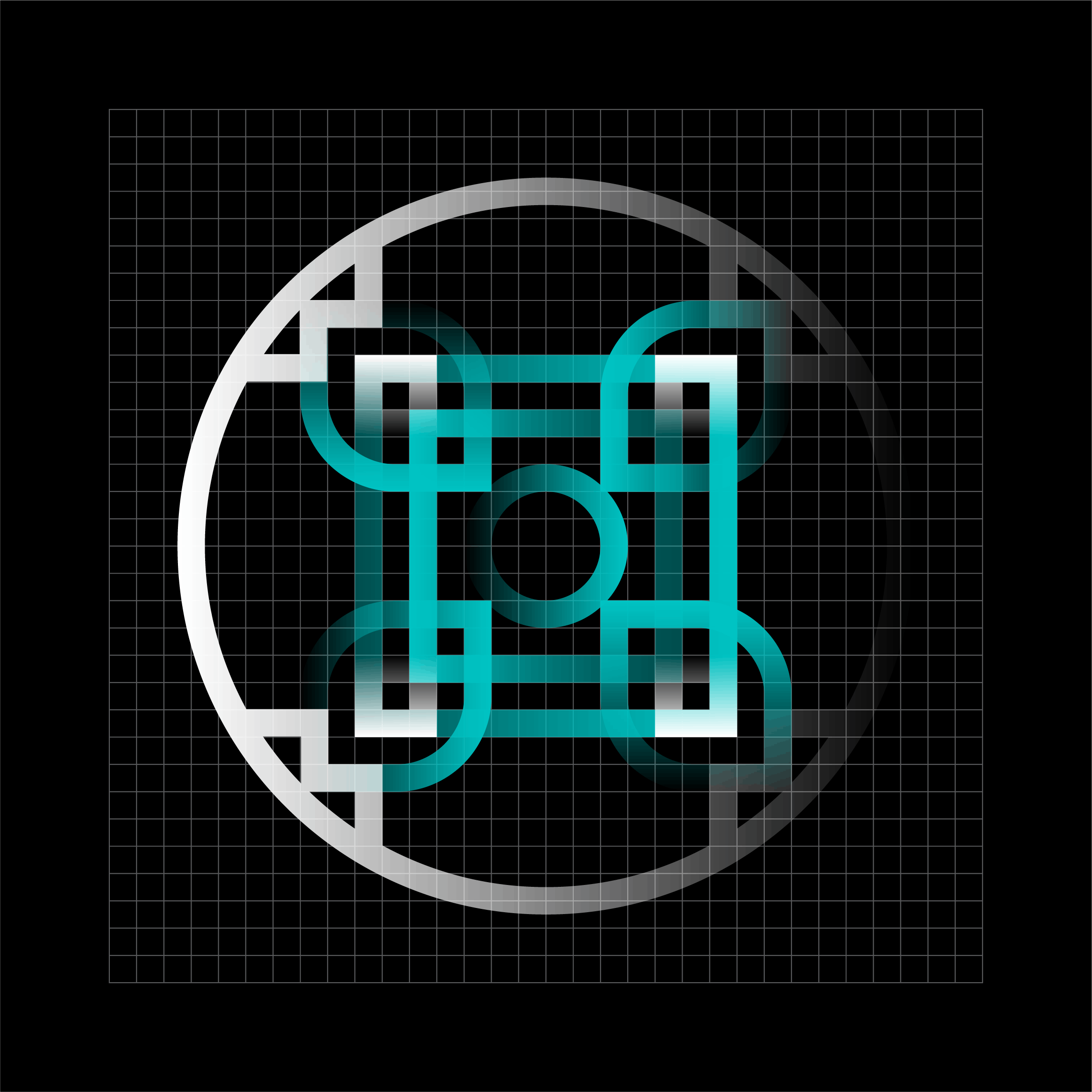 A digital rendering of a shape comprised of a large white circle with two smaller concentric squares in aqua in the center with four additional marquise shapes placed on the corners of the square that extend to the larger circle. The shape is placed within a grid on a black background.