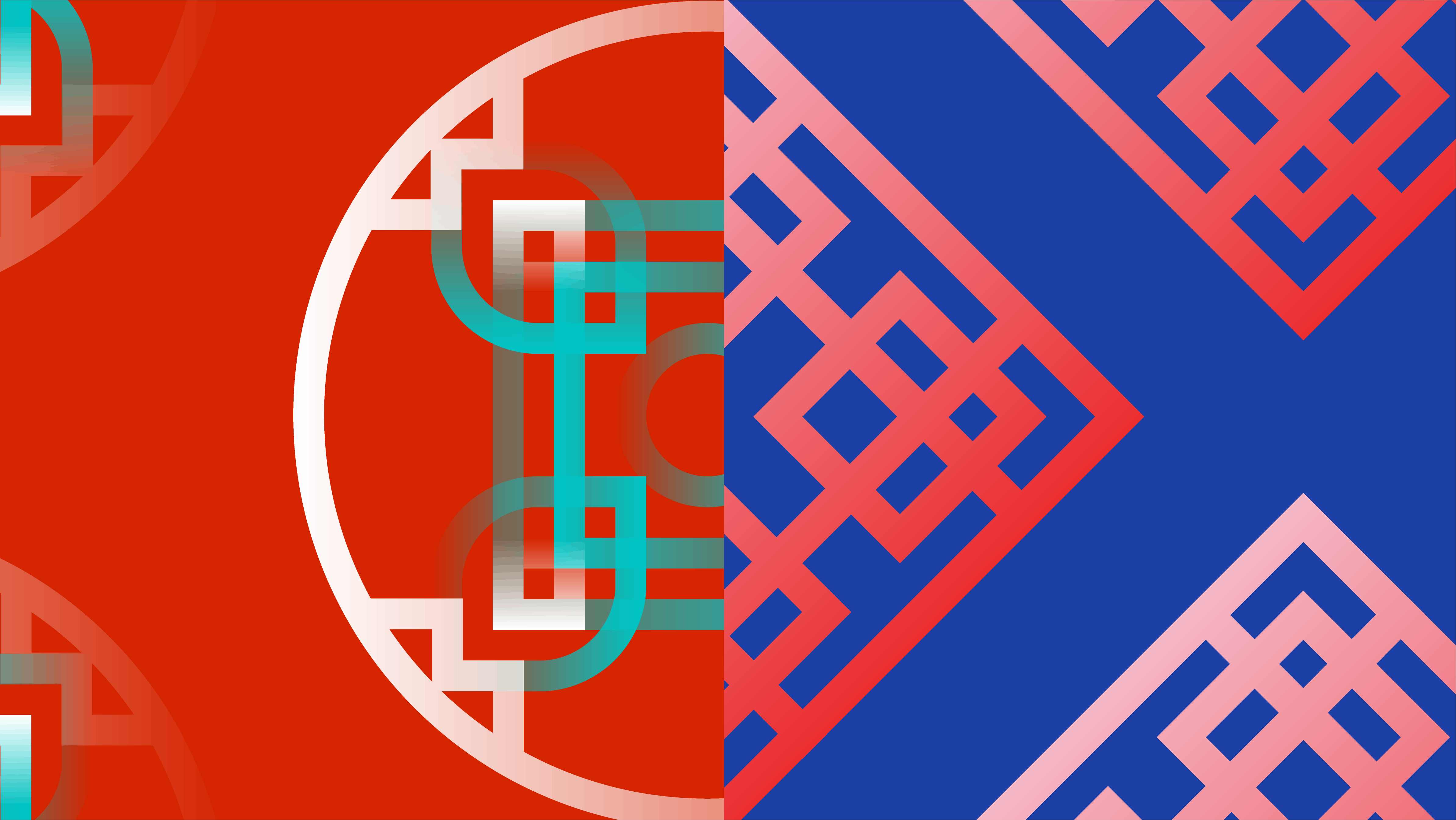 A split digital image with the emblem used for the Japan Summit enlarged and repeated on a red background on the left and the emblem used for the South Korea Summit enlarged and repeated on a blue background.