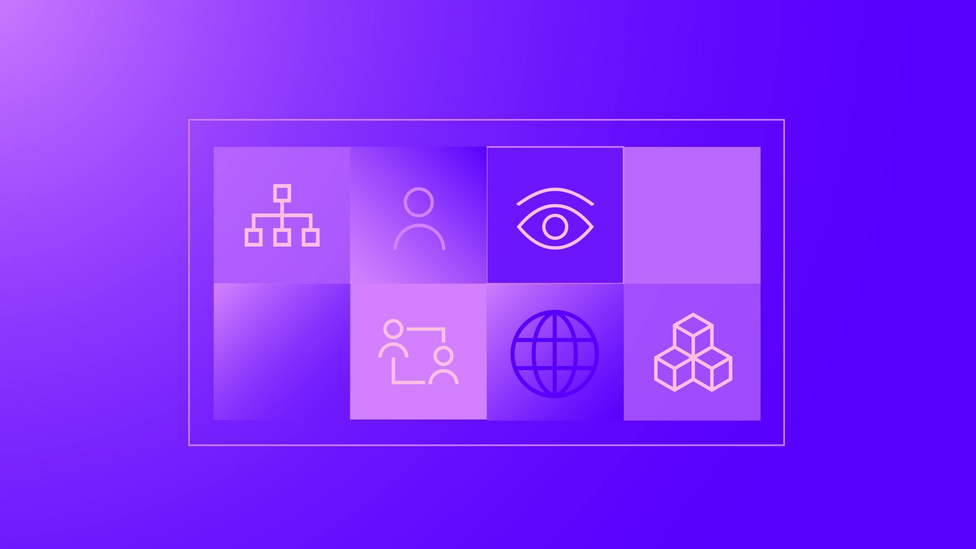 A monochromatic purple digital rendering containing a two by eight grid of Datadog icons placed in the center. The icons include symbols that resemble an eye, building blocks, and networks.