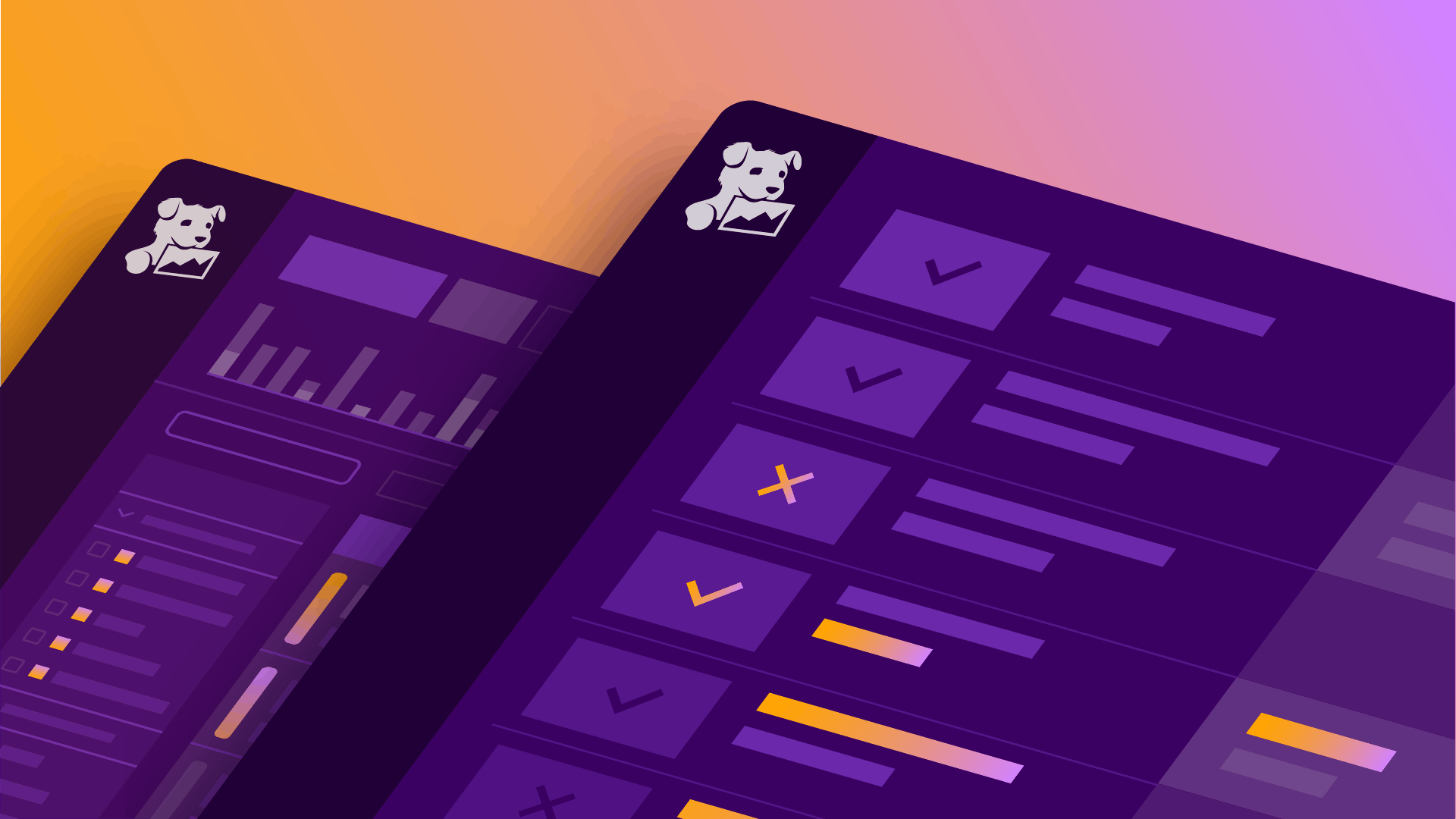 A higly detailed animated illustration, depicting simplified representations of dashboards within the Datadog app in purple and orange hues.